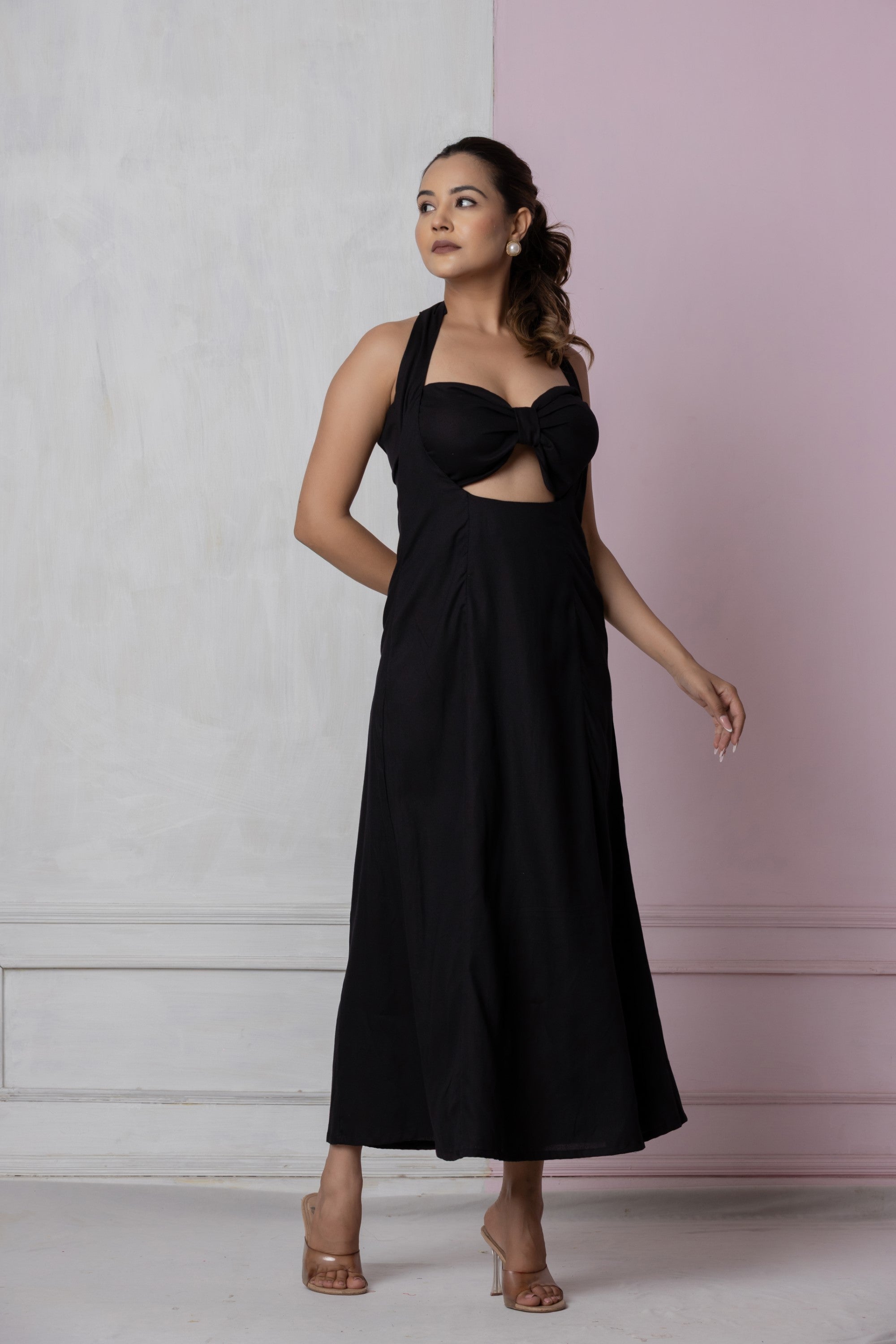 Black Halter Neck Bow Cutout Maxi Dress