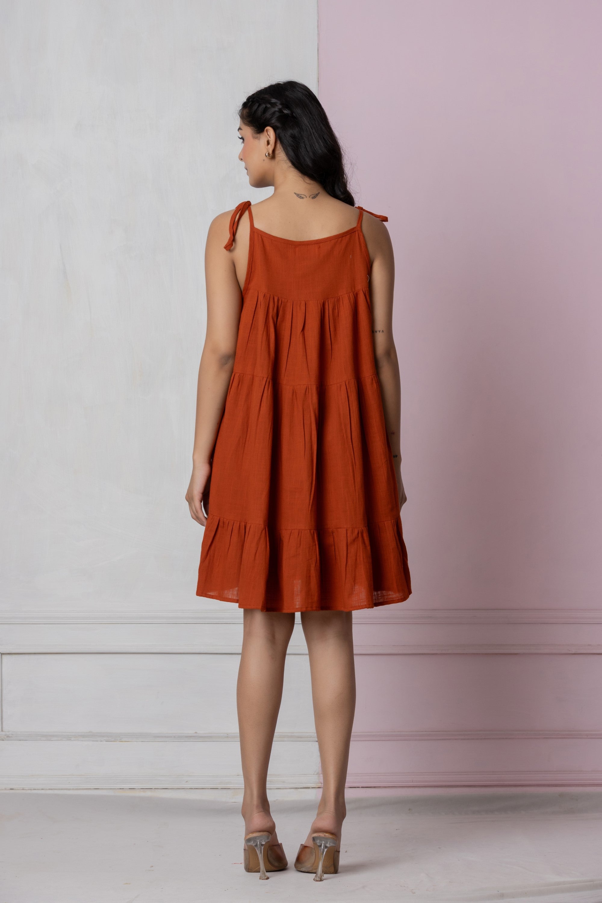 Rust Flowy Tiered Short Dress