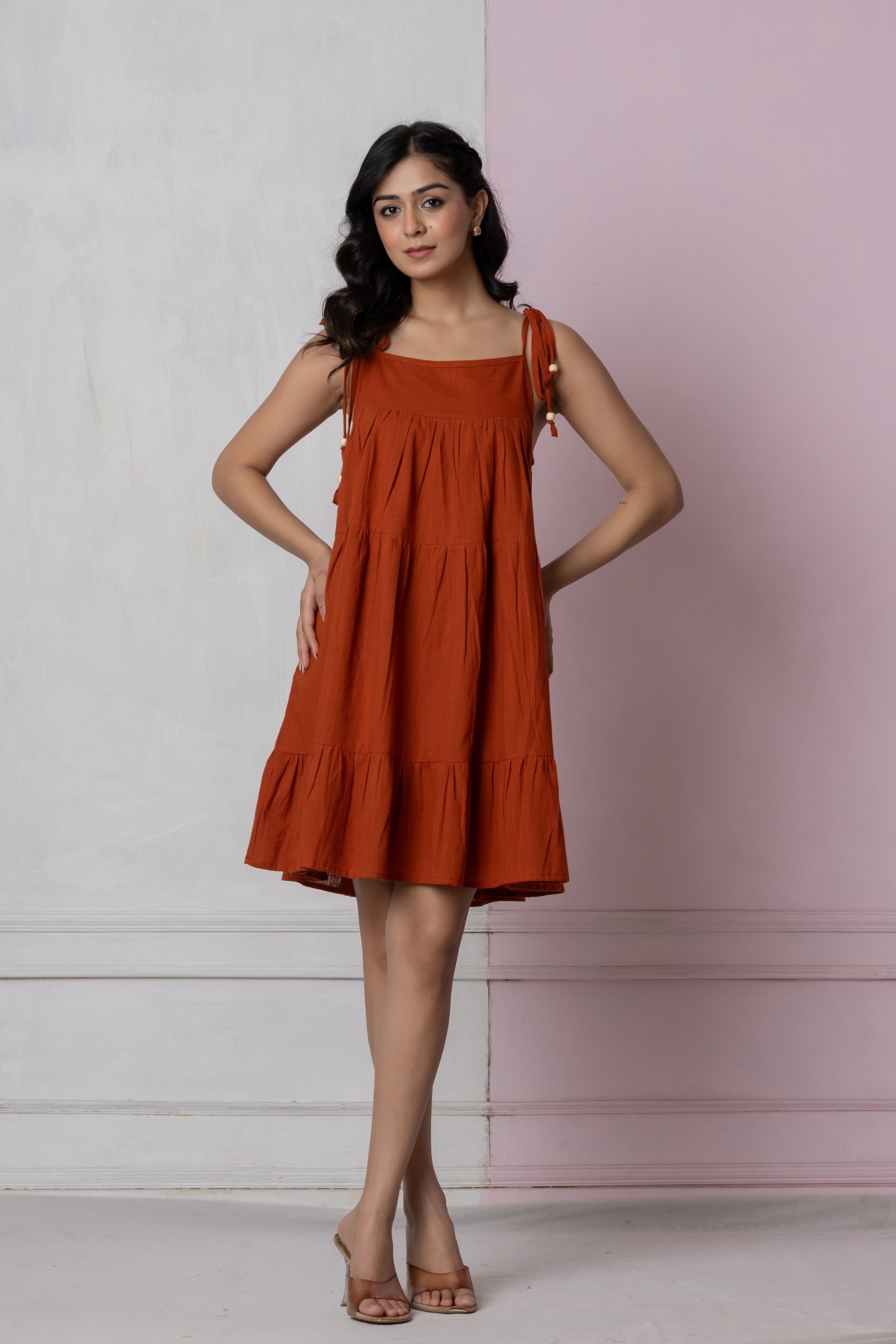 Rust Flowy Tiered Short Dress