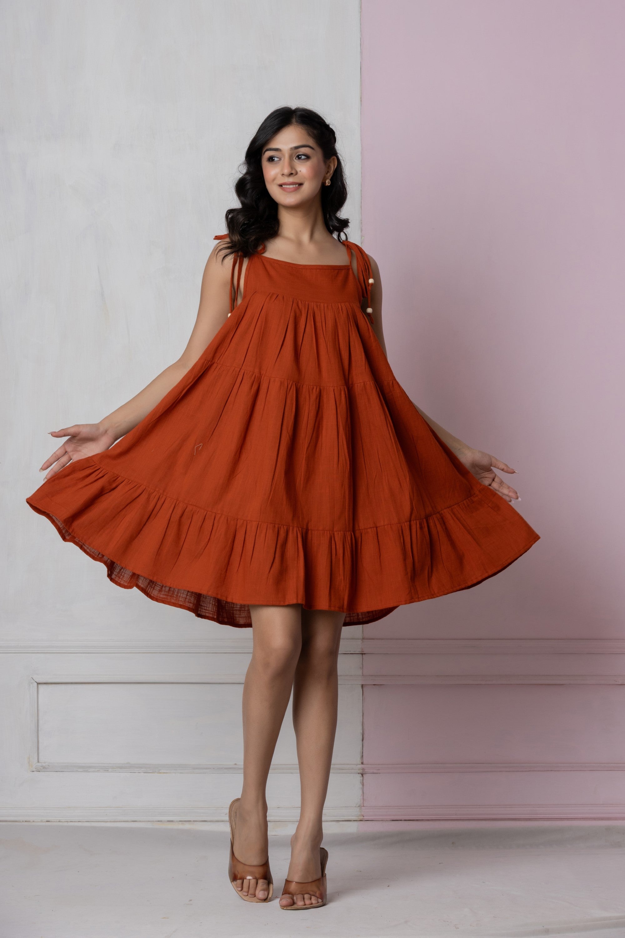 Rust Flowy Tiered Short Dress