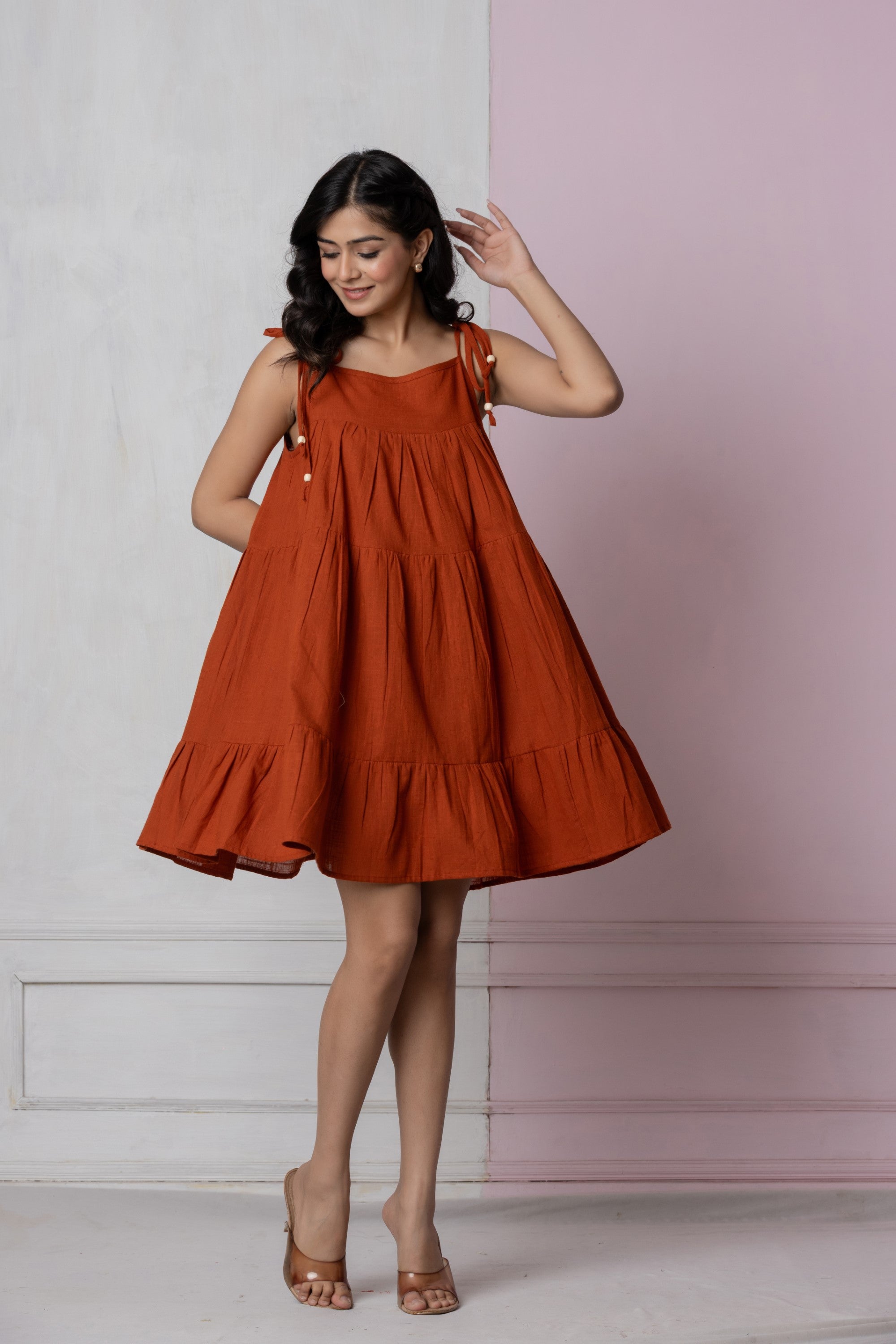 Rust Flowy Tiered Short Dress