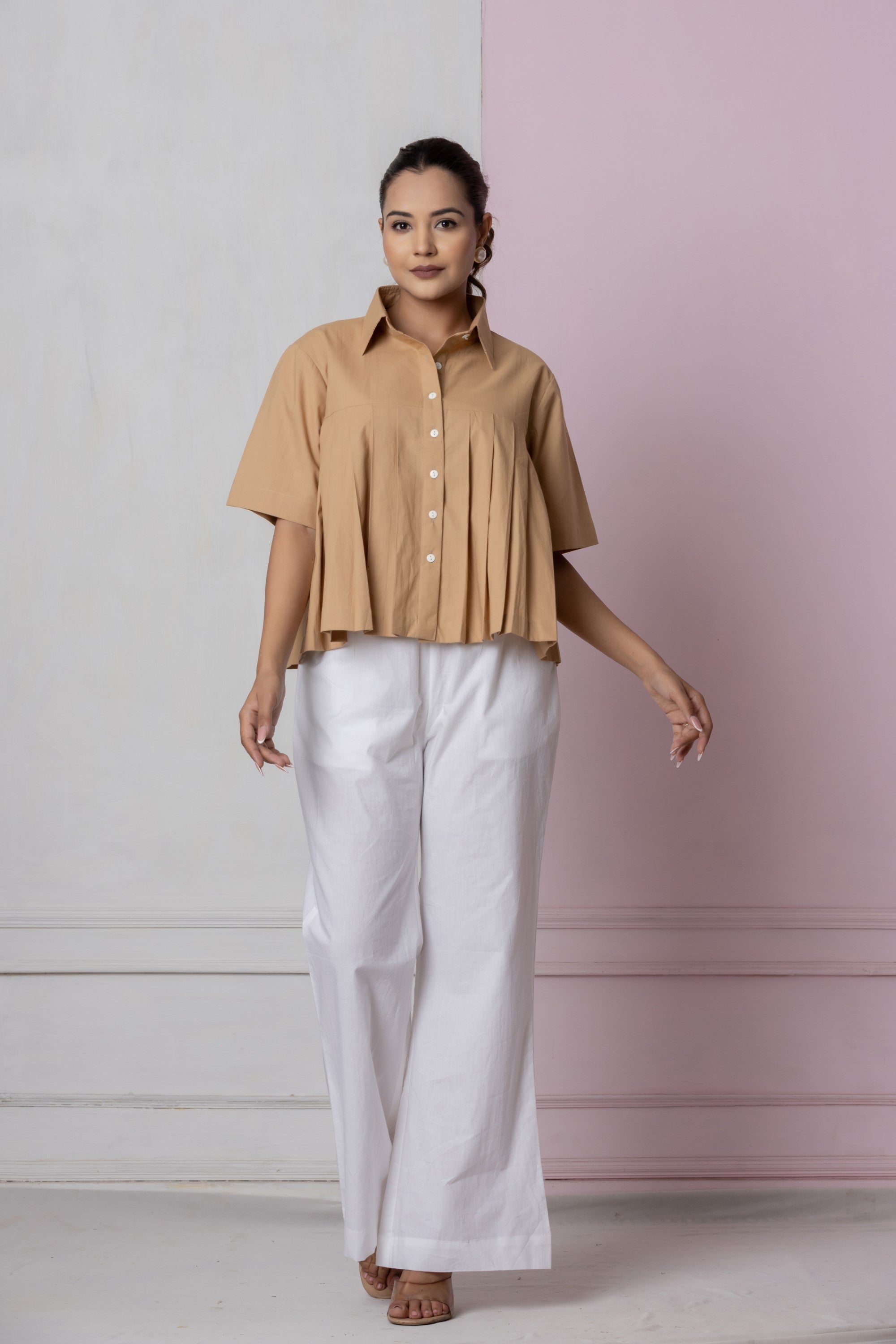Camel Brown Box Pleat Shirt