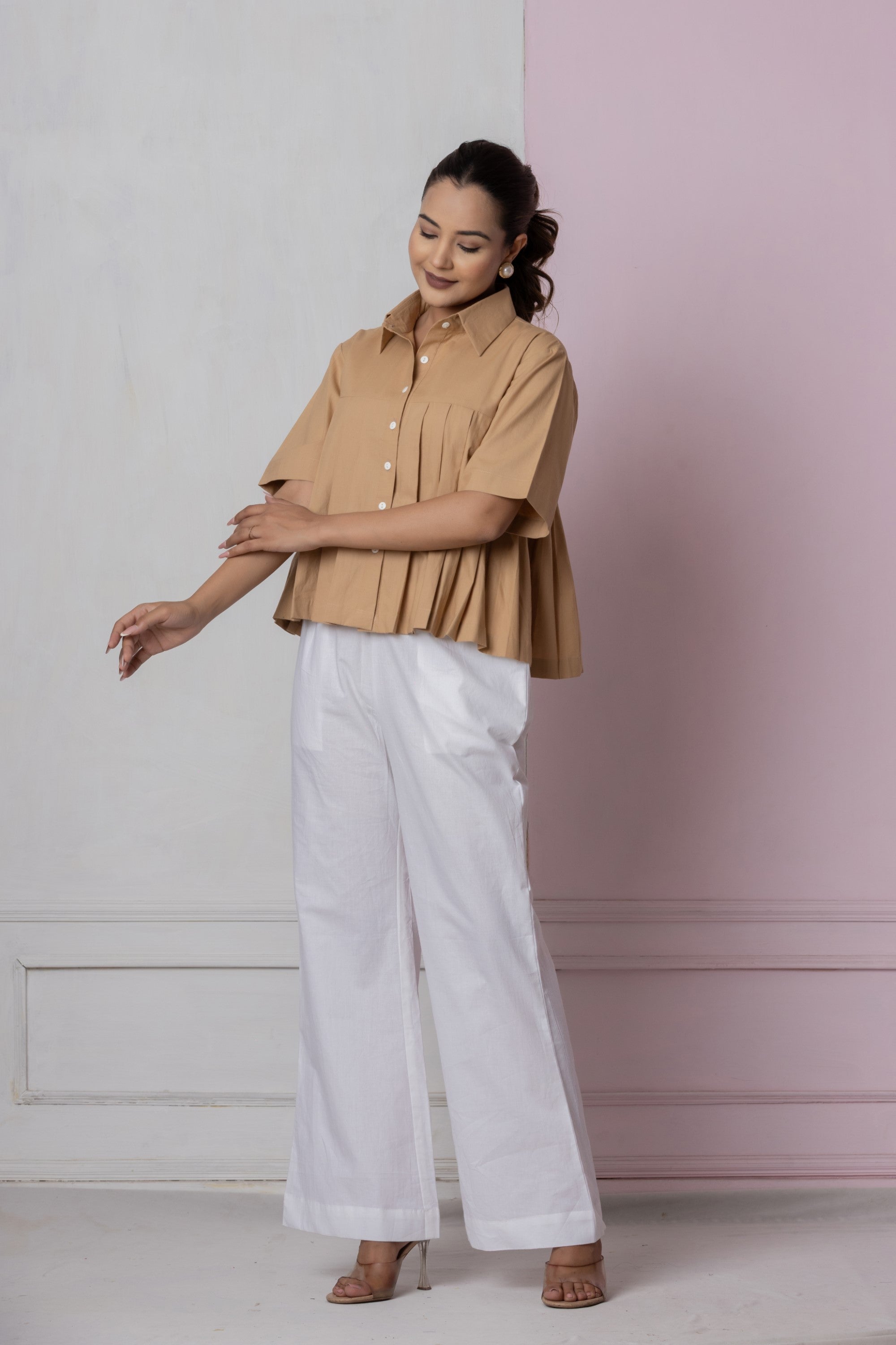 Camel Brown Box Pleat Shirt