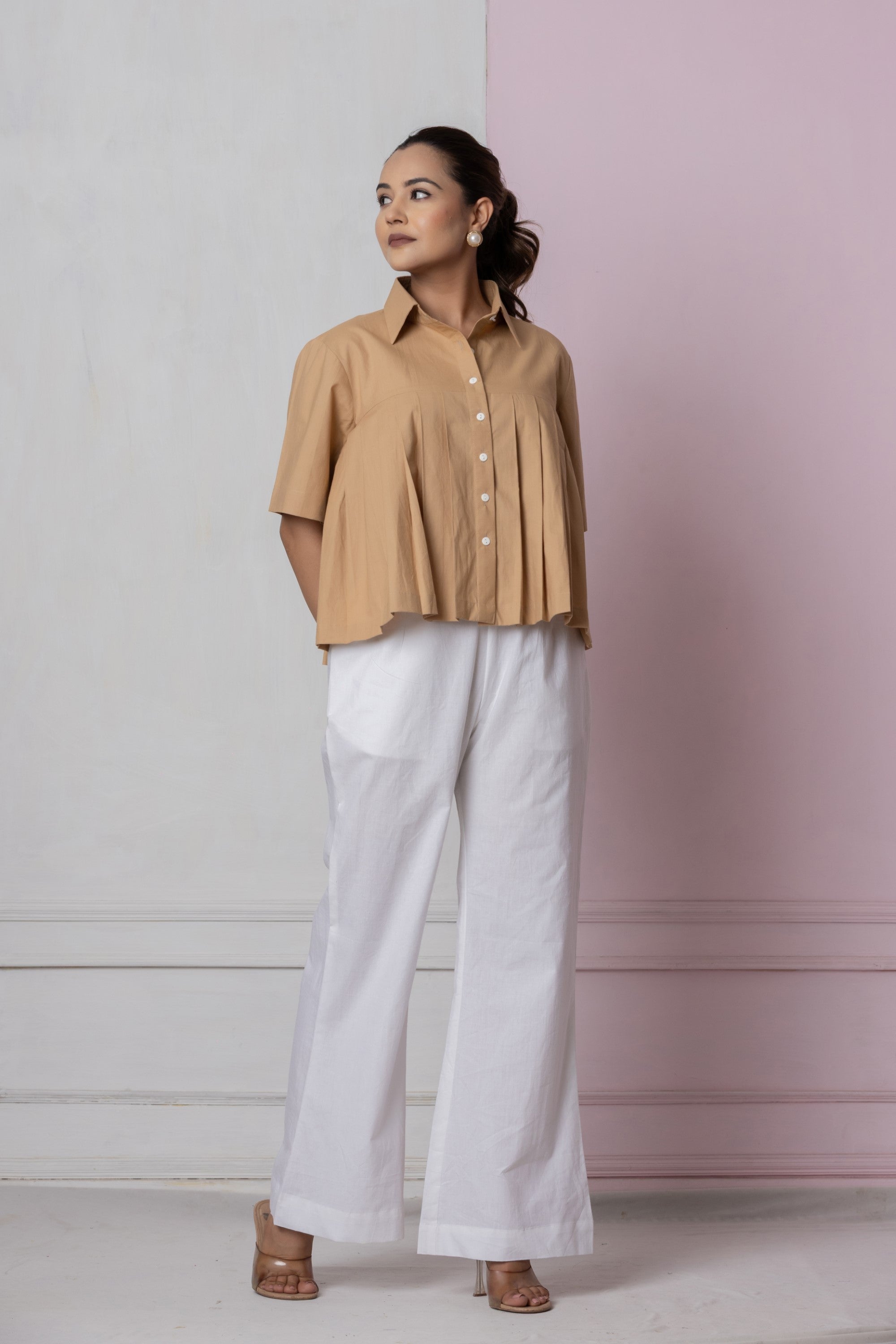 Camel Brown Box Pleat Shirt