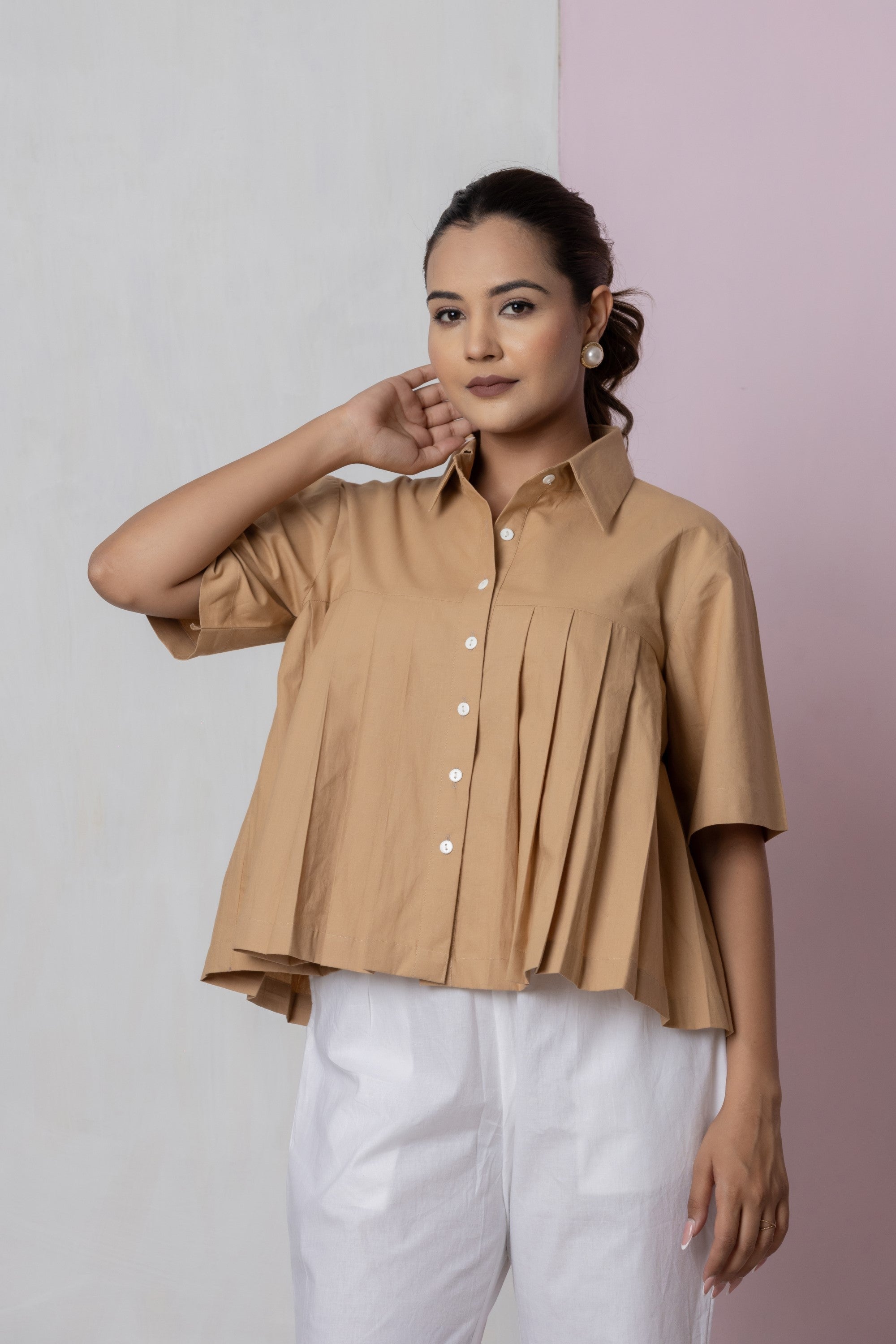 Camel Brown Box Pleat Shirt