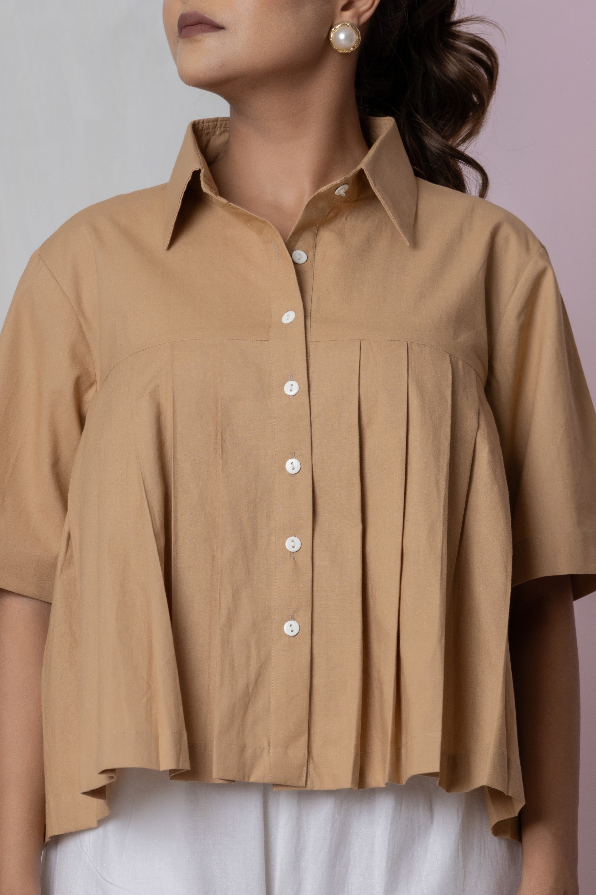 Camel Brown Box Pleat Shirt
