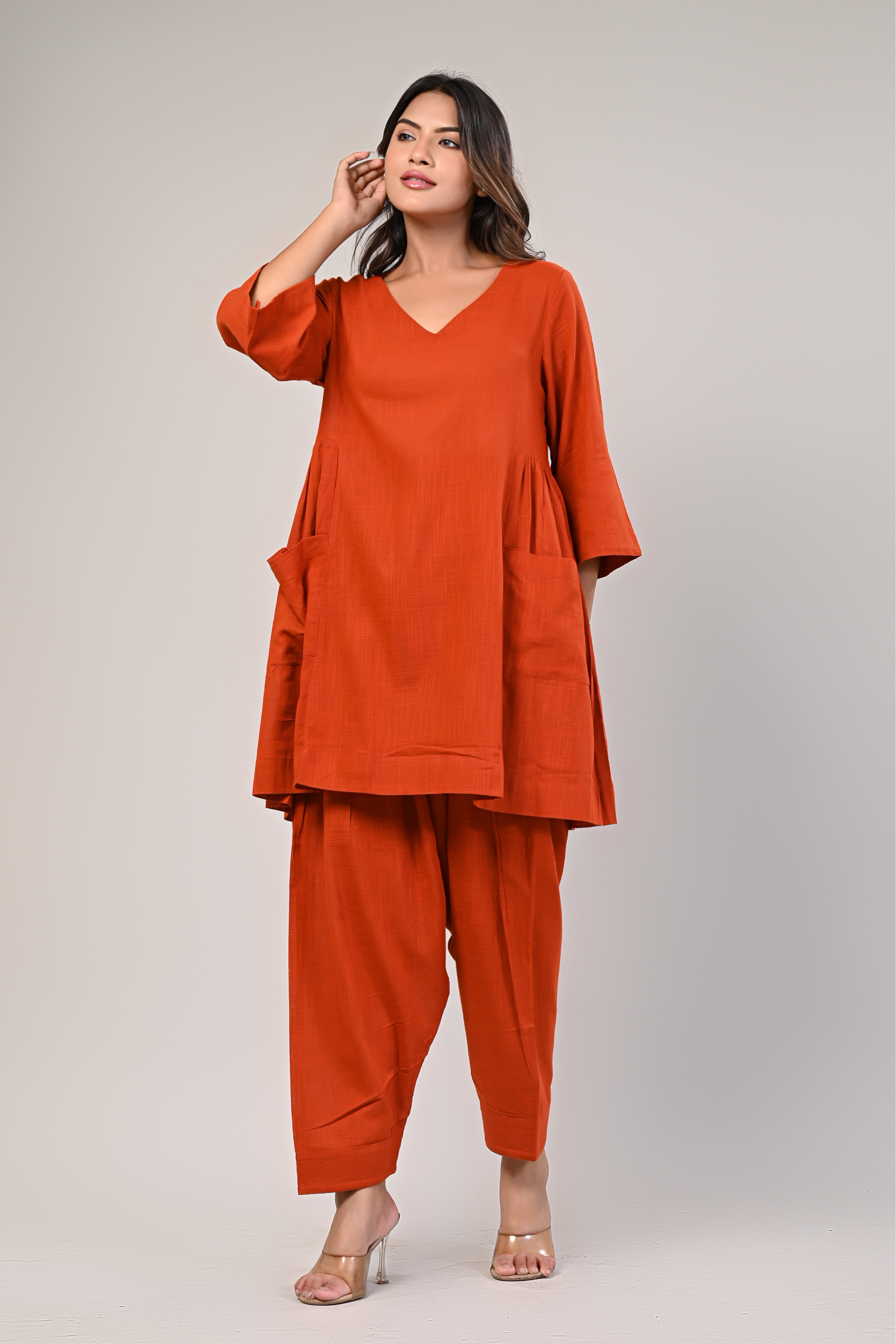 Orange V-neck Pleated Kurta With Afghani Pants