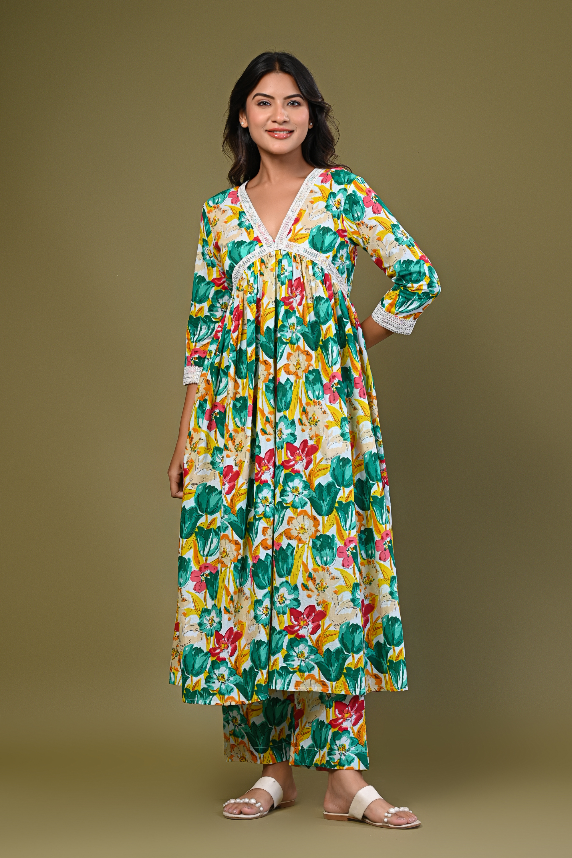 Women's Floral Printed A-Line Kurta Set with Lace Detailing