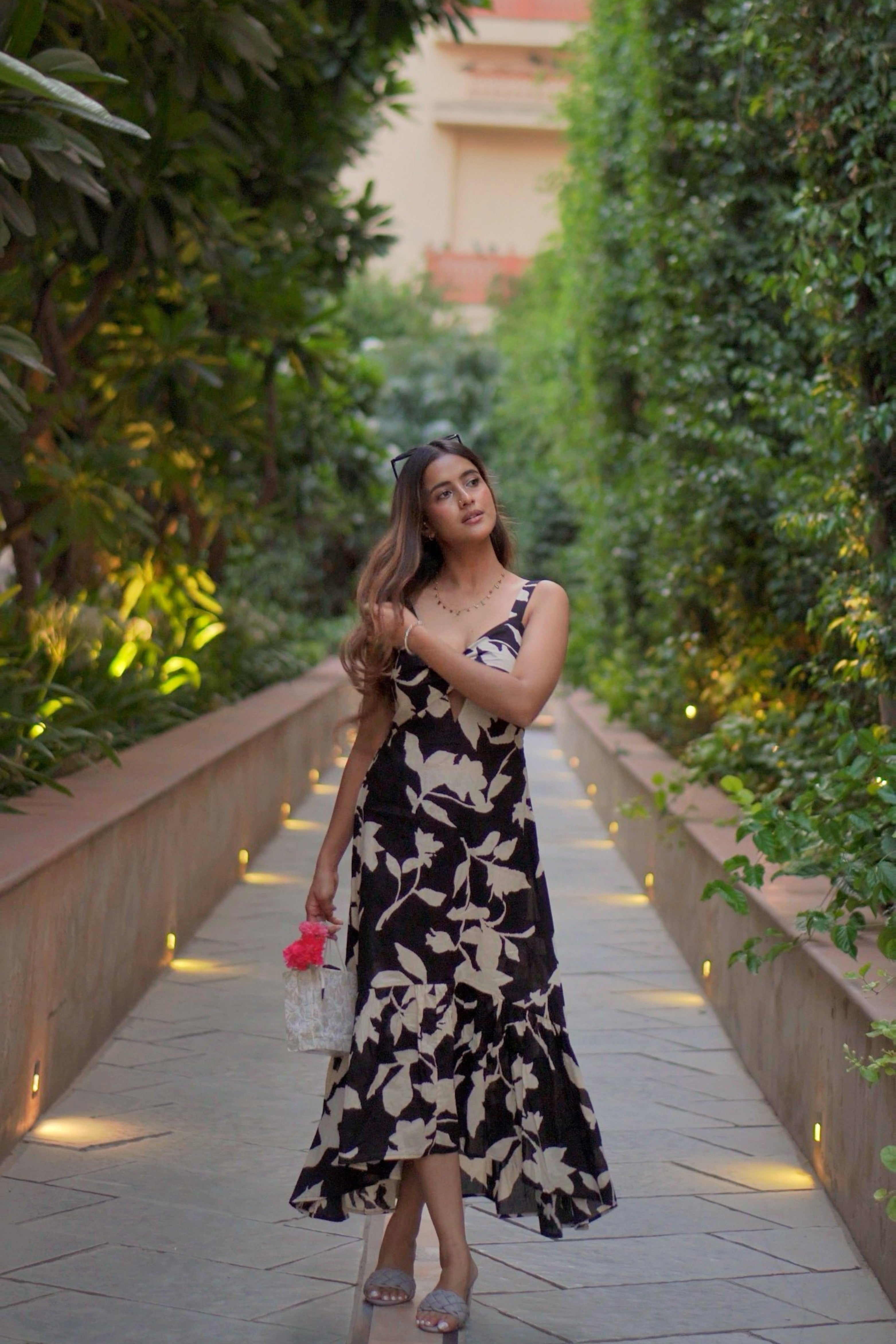 Black & Beige Floral Print Cut-Out Maxi Dress
