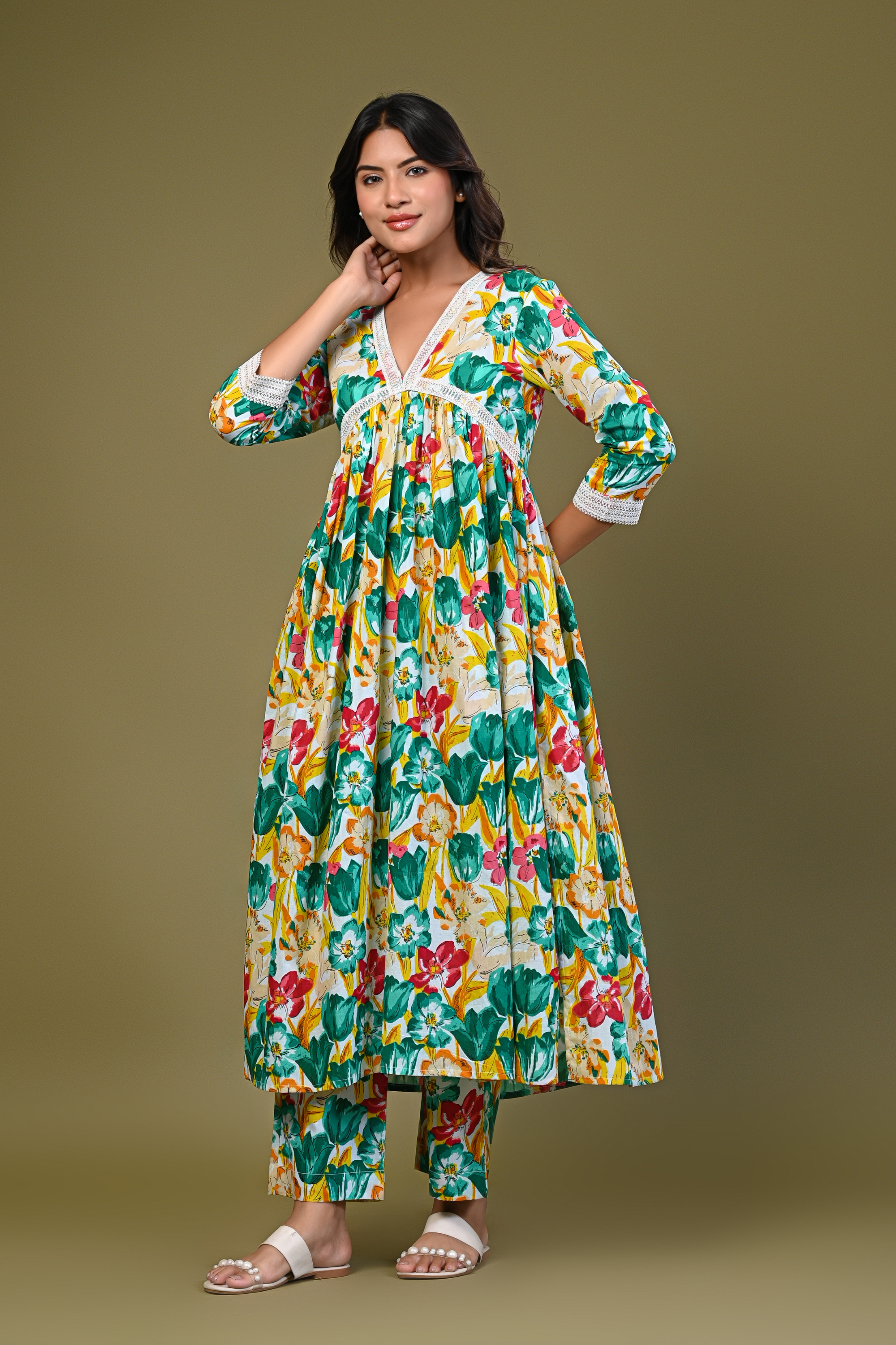 Women's Floral Printed A-Line Kurta Set with Lace Detailing