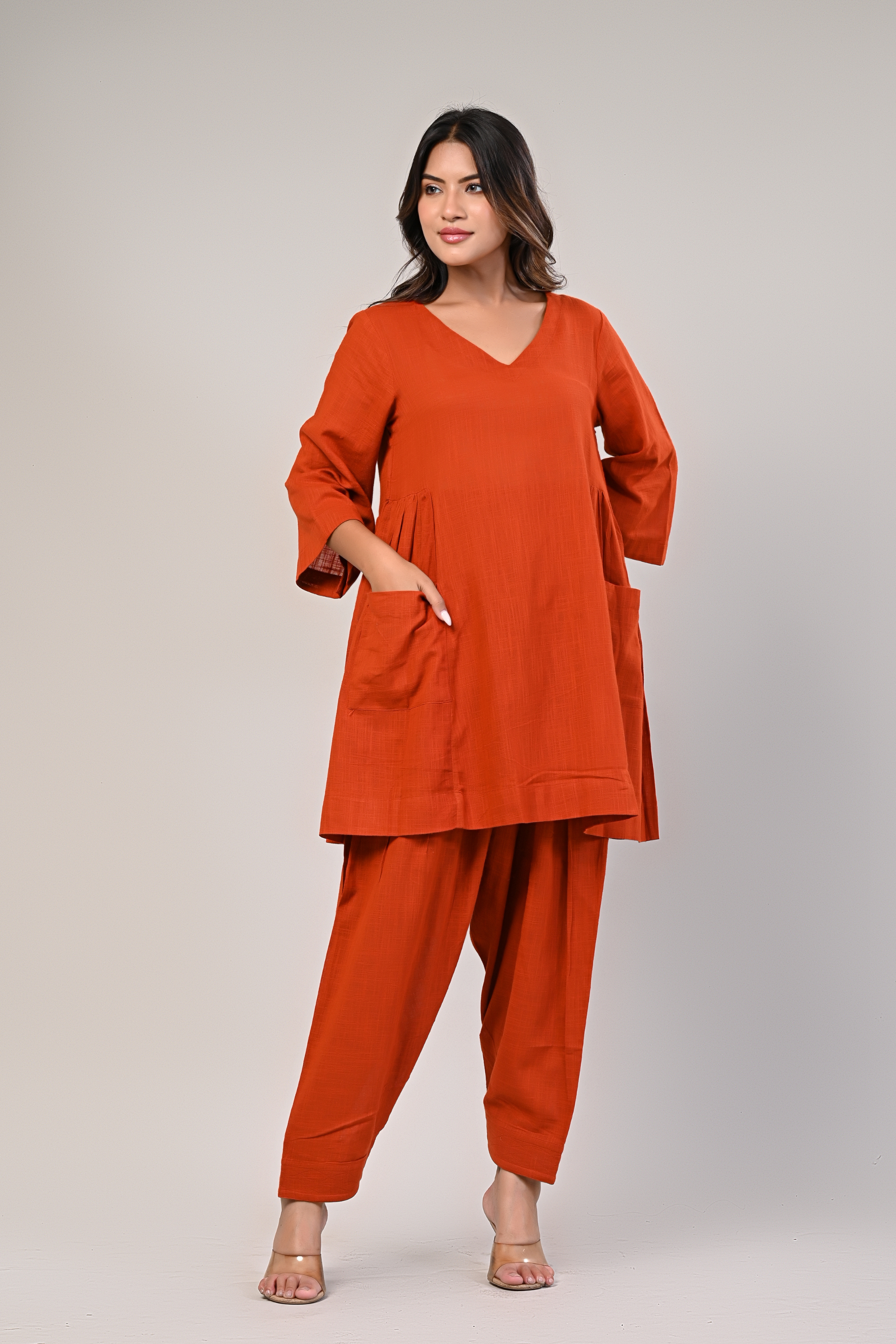 Orange V-neck Pleated Kurta With Afghani Pants