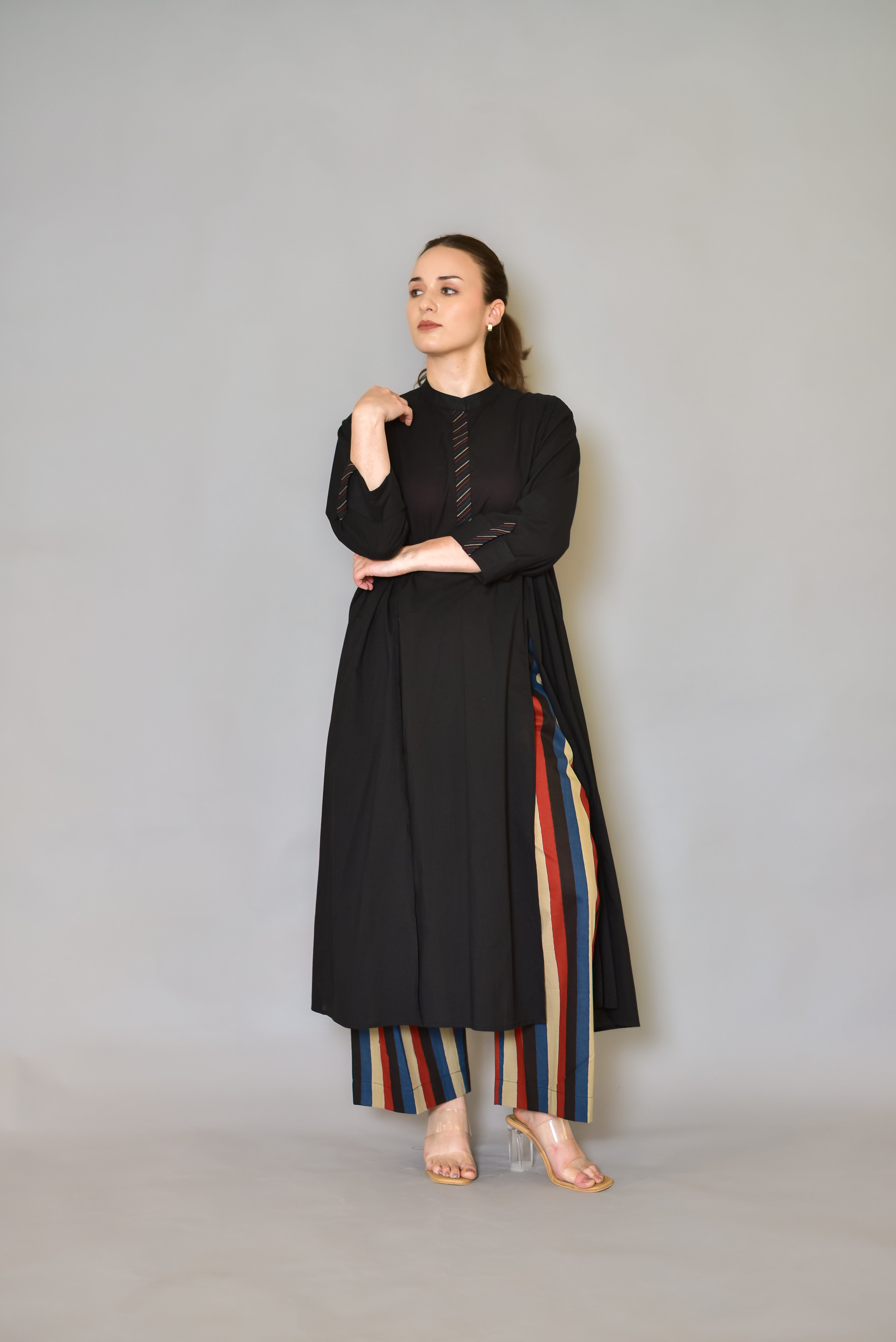 Solid Black Kurta and Stripe Pant Set