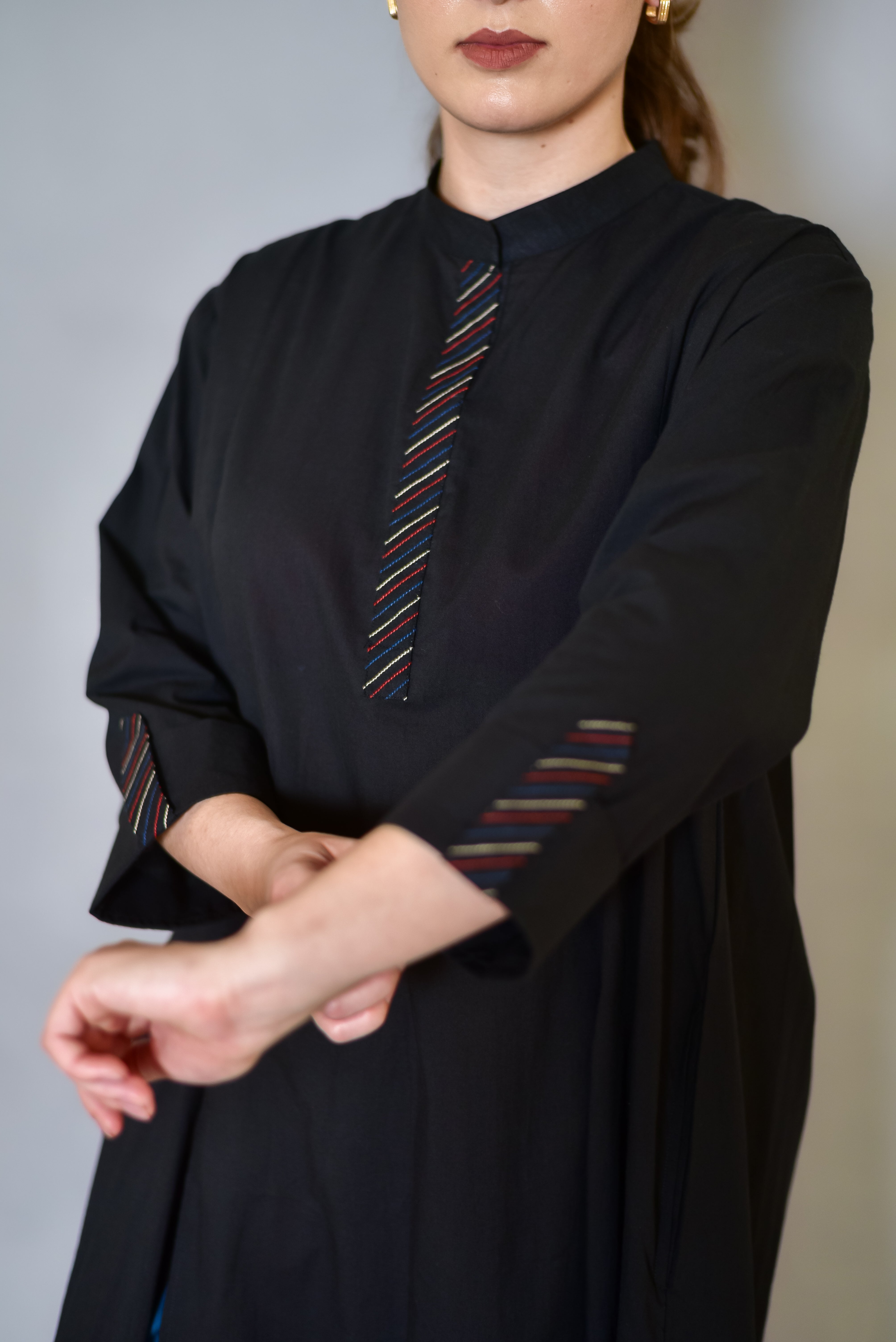 Solid Black Kurta and Stripe Pant Set