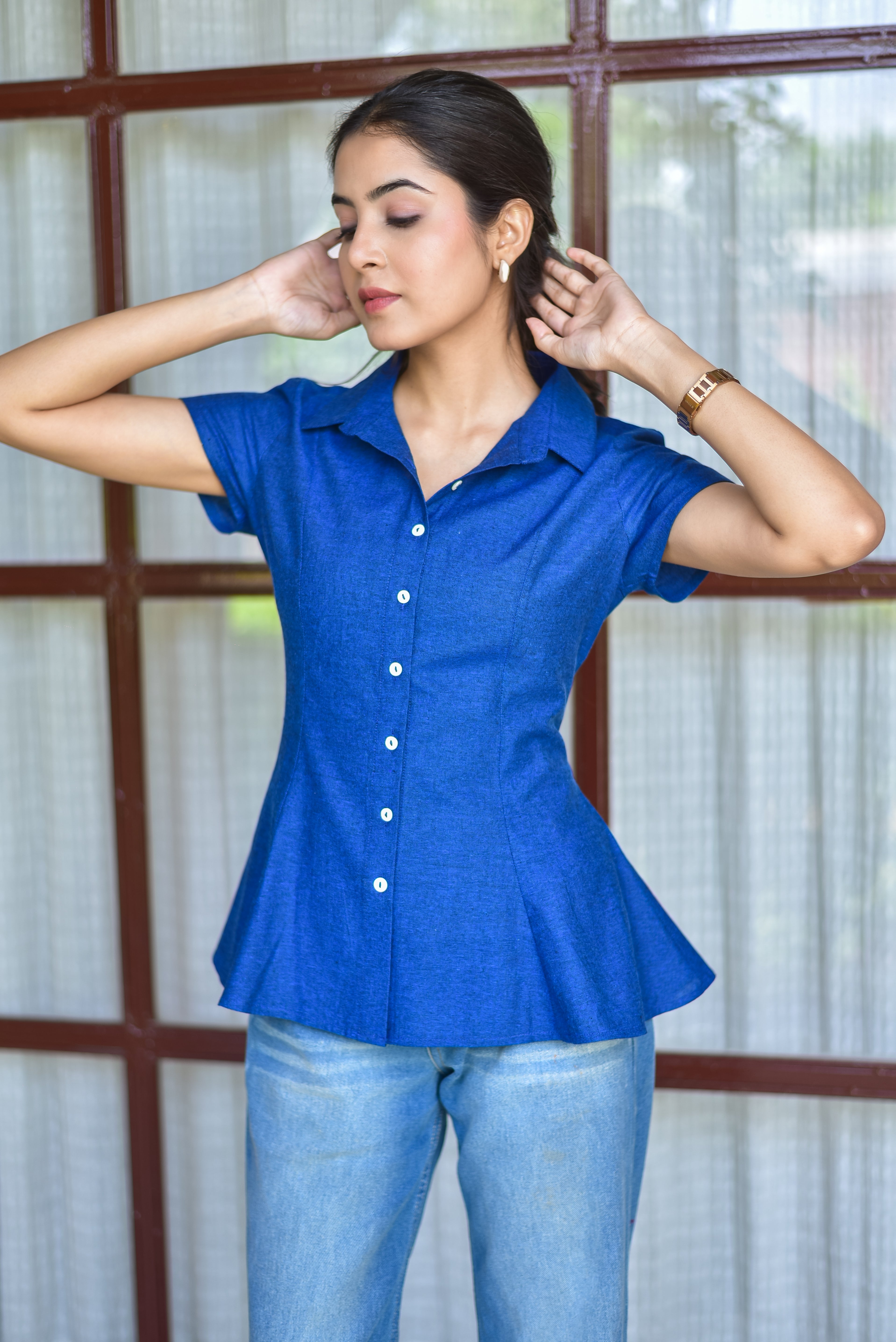 Blue Fitted Flared Shirt Top