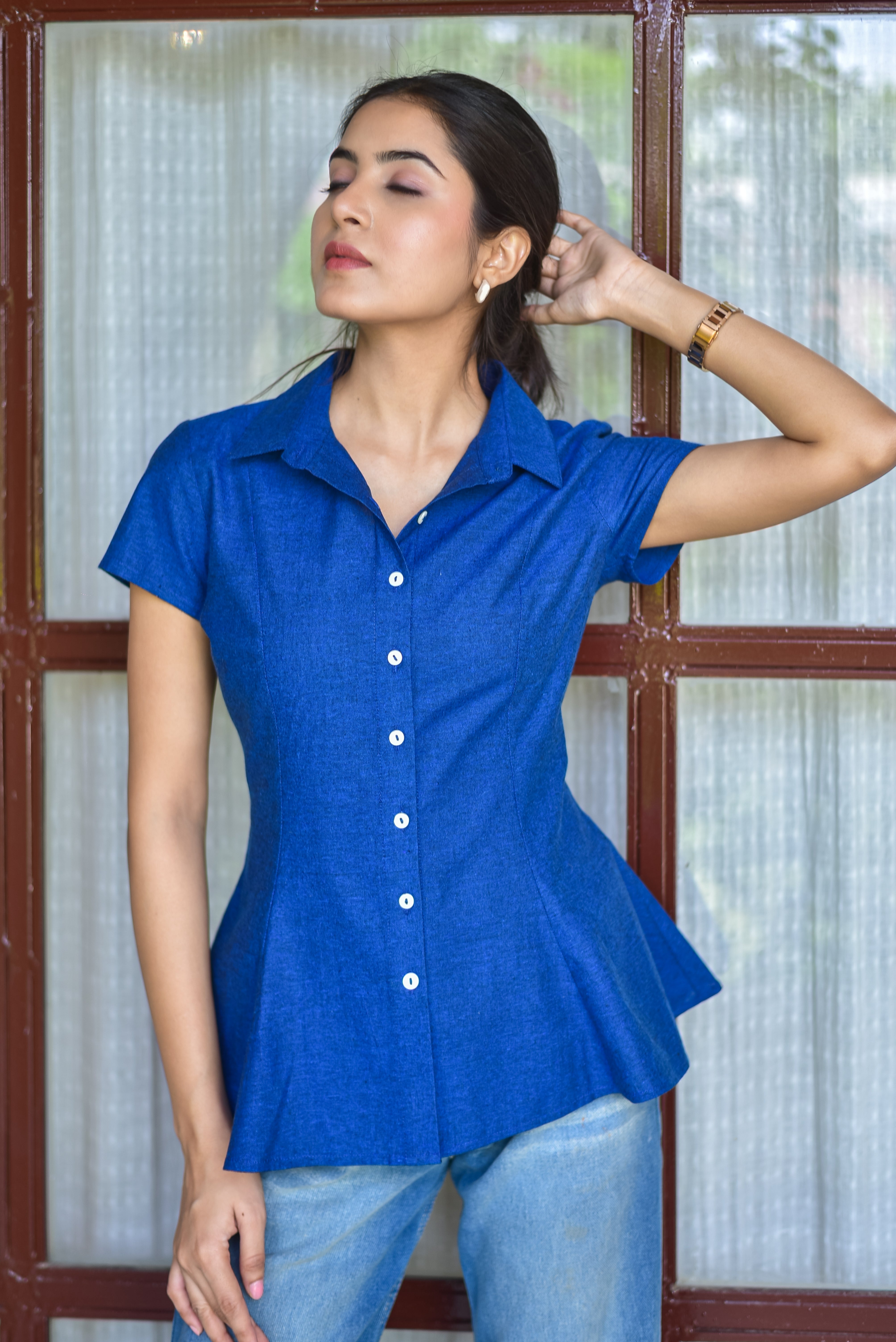 Blue Fitted Flared Shirt Top