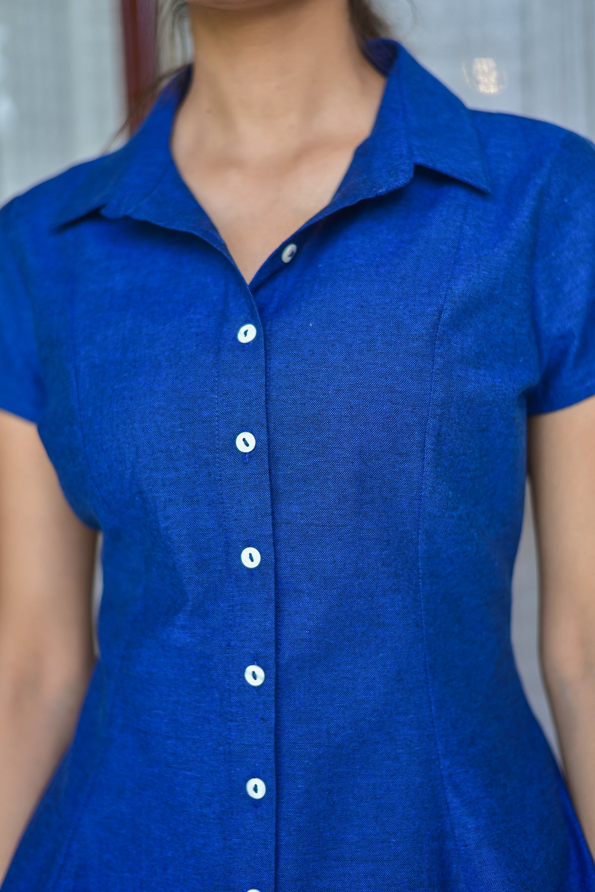 Blue Fitted Flared Shirt Top