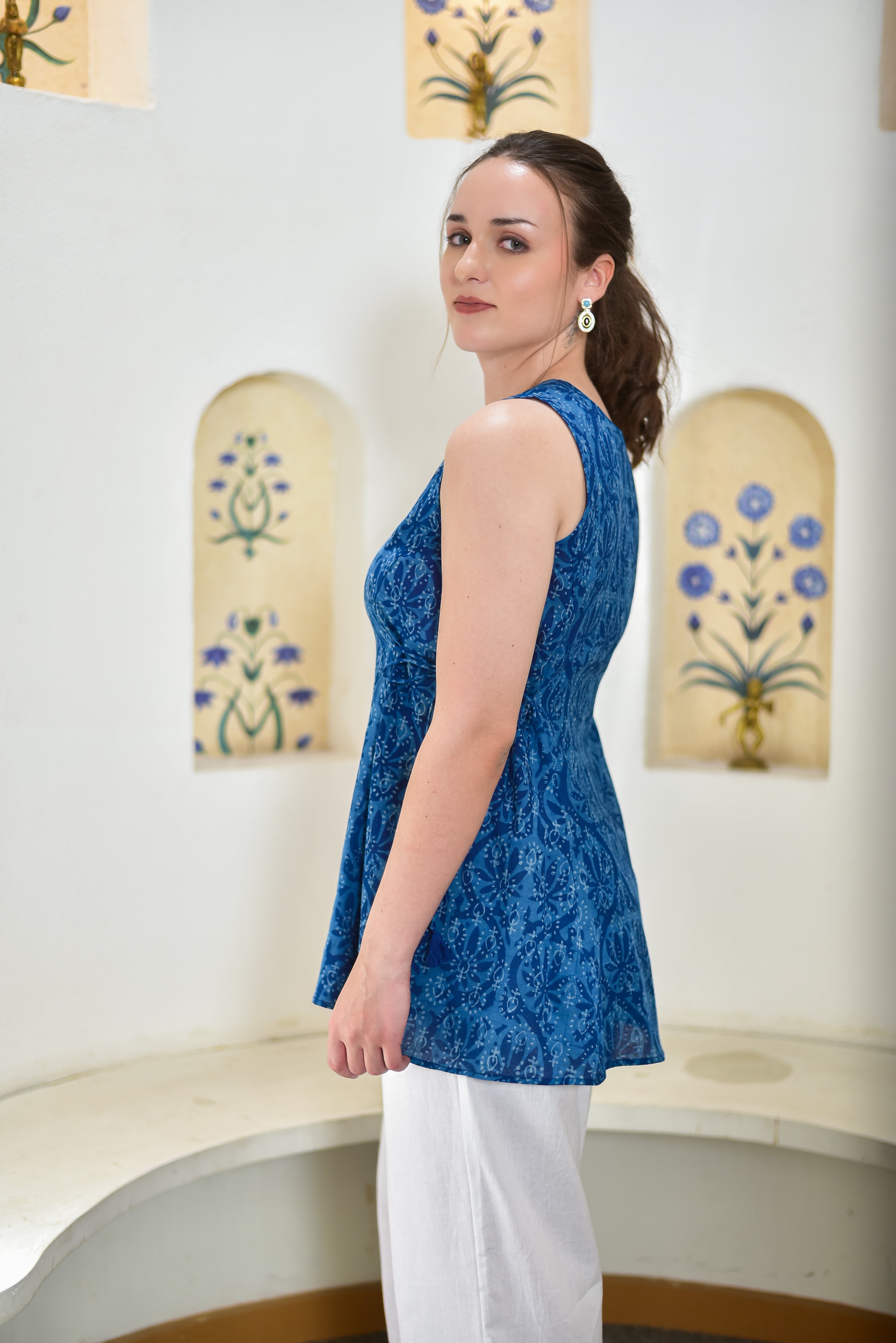 Indigo Block Print A-Line Tunic (V-Neck)