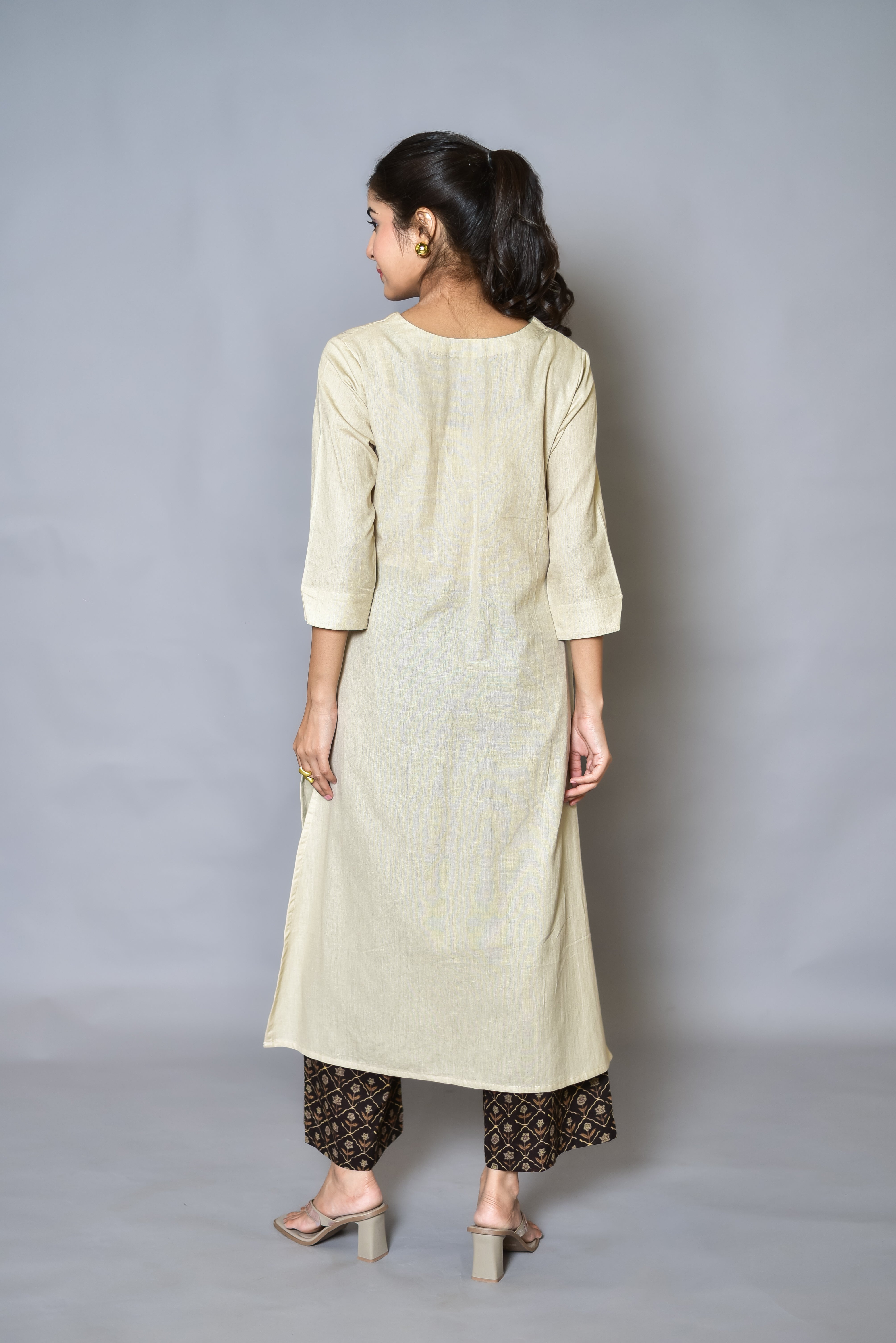 Beige Gathered Kurta Set