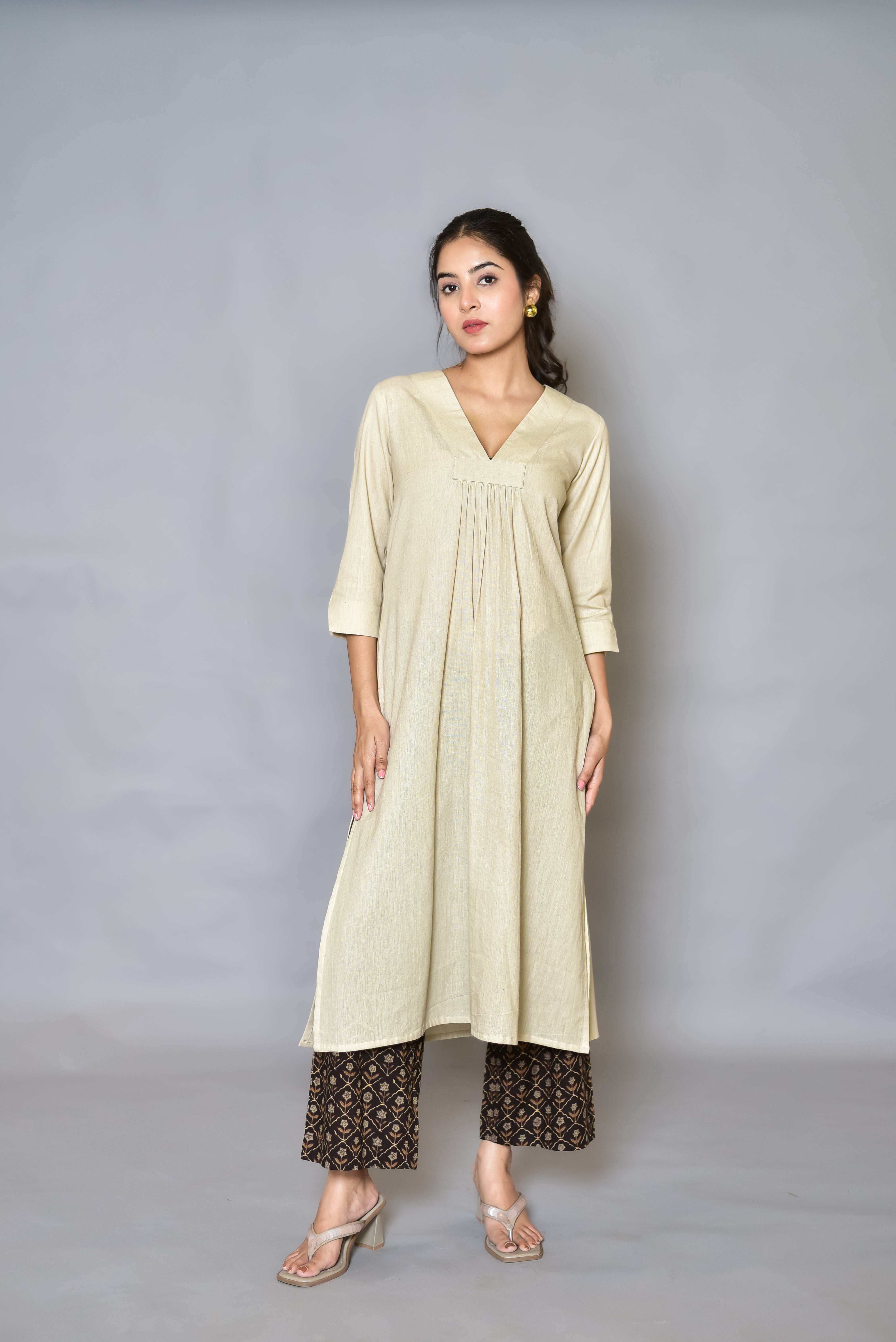 Beige Gathered Kurta Set