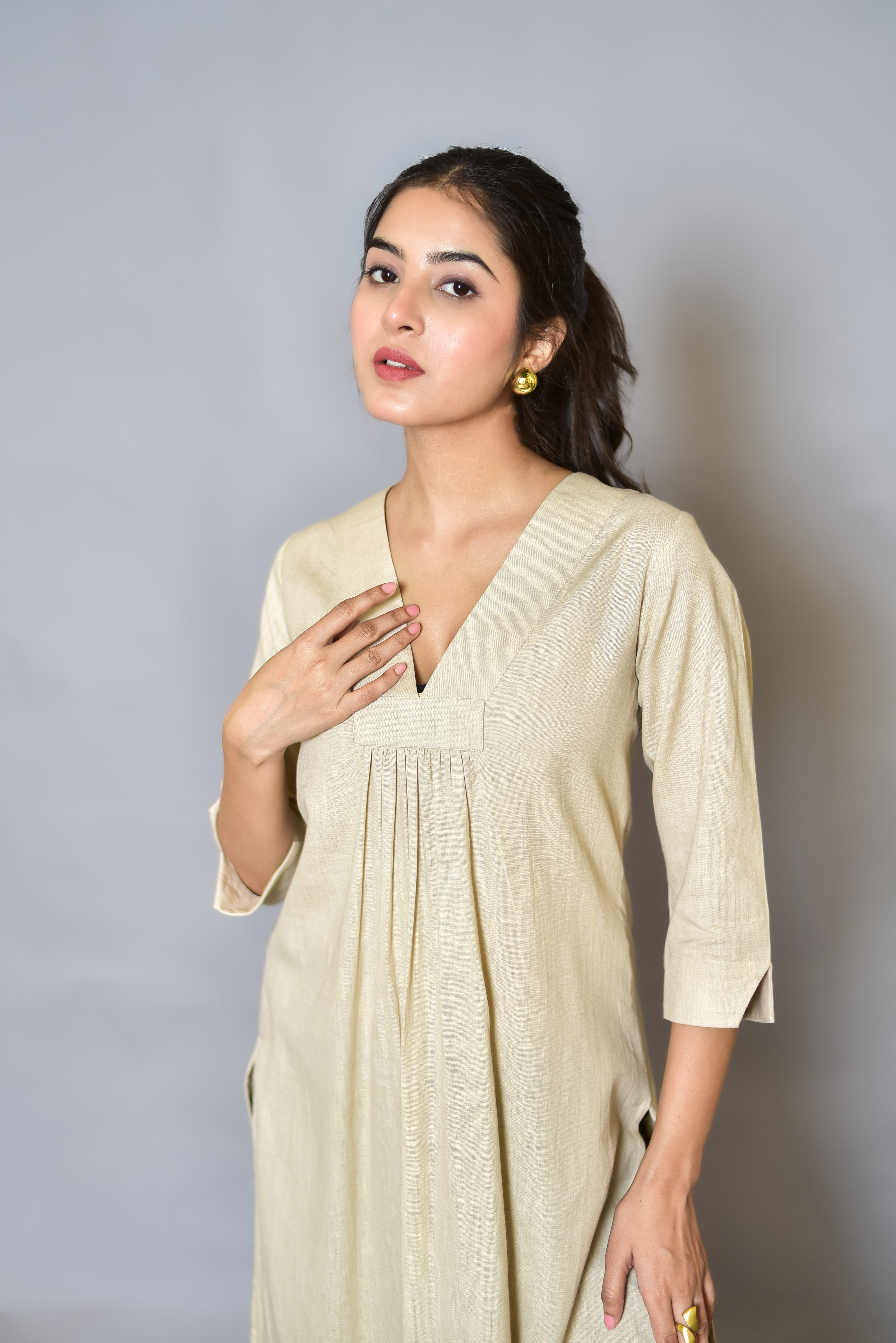Beige Gathered Kurta Set