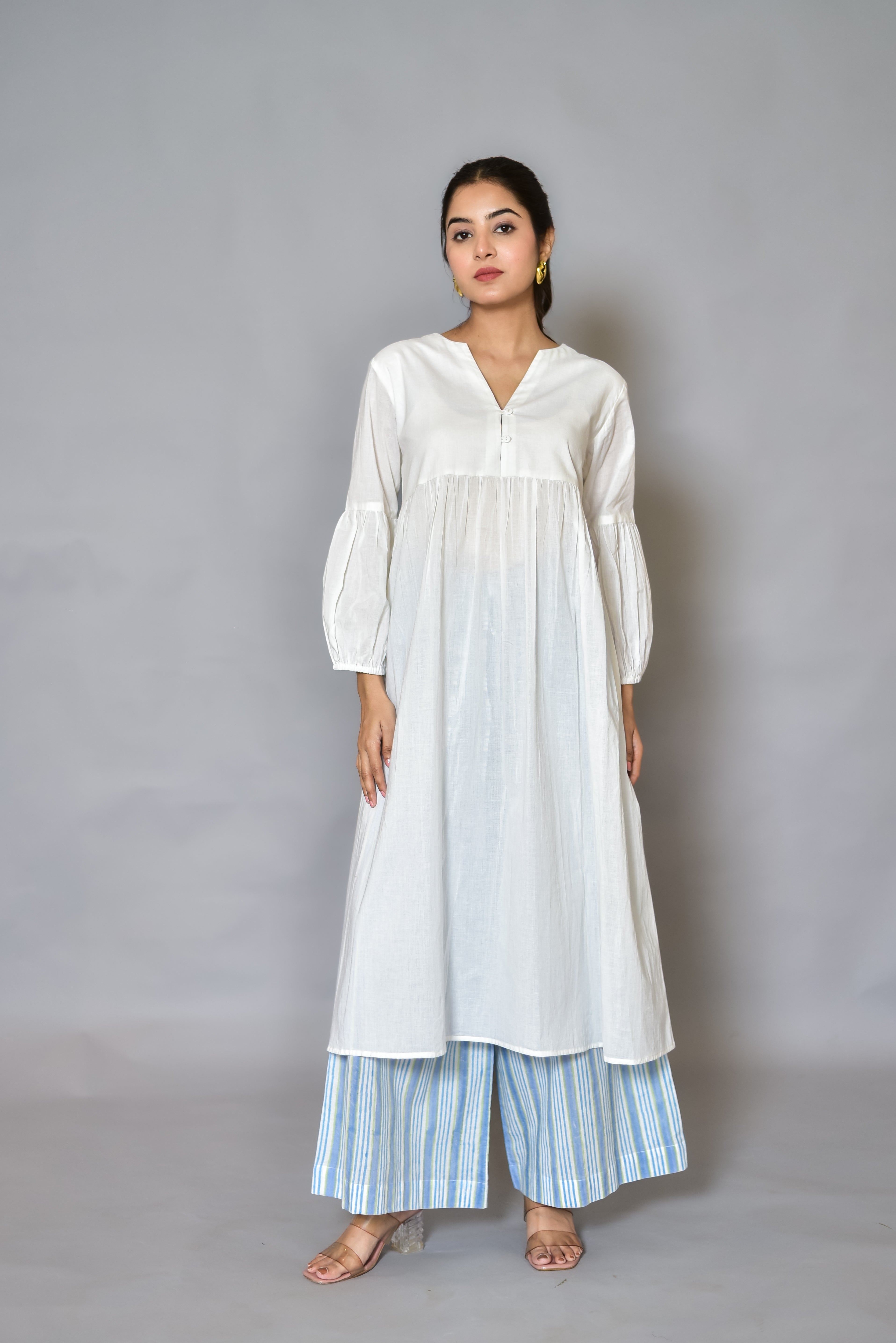 White Gathered Kurta & Stripe Block-Print Set