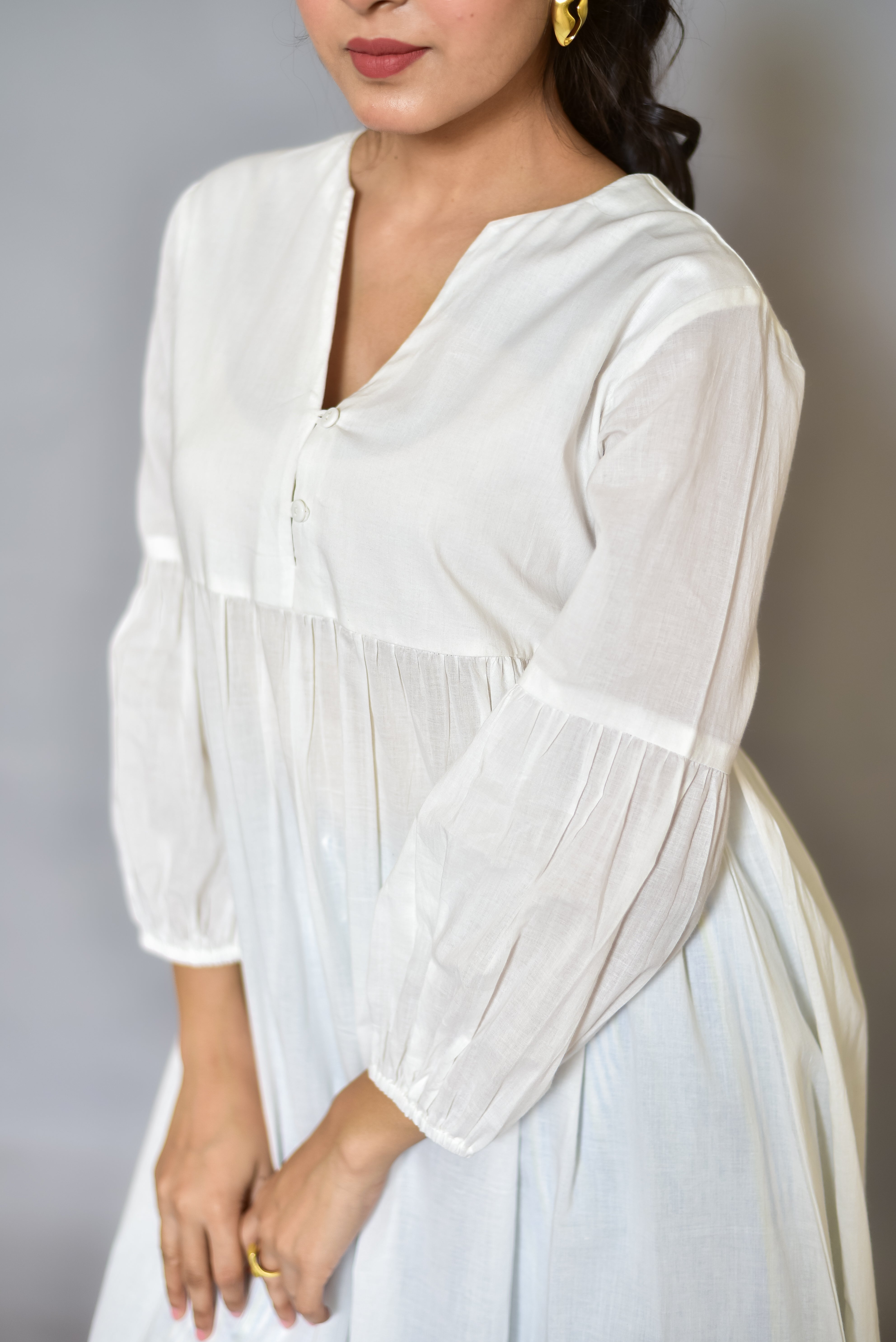 White Gathered Kurta & Stripe Block-Print Set