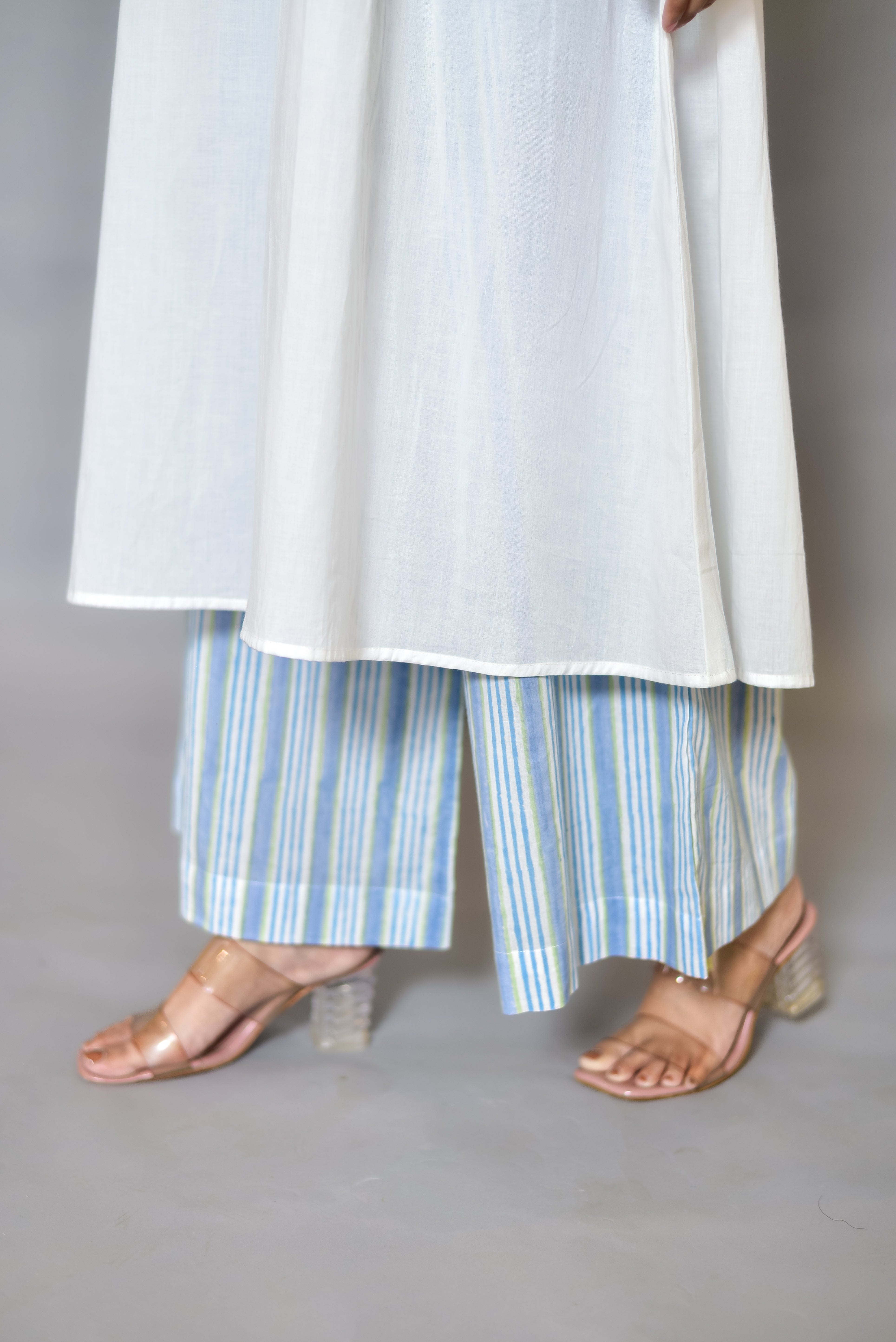 White Gathered Kurta & Stripe Block-Print Set