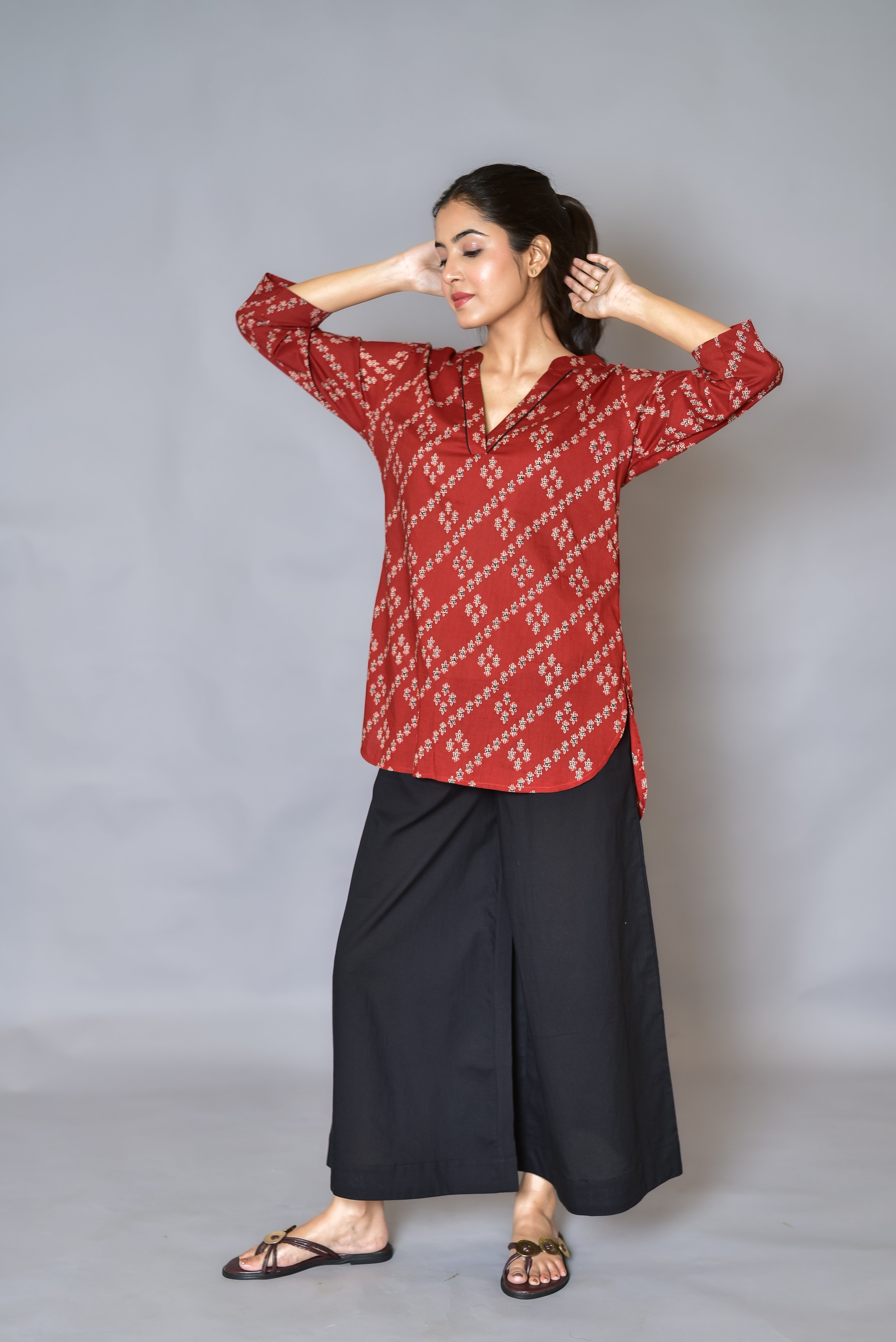 Maroon Printed High-Low Kurti