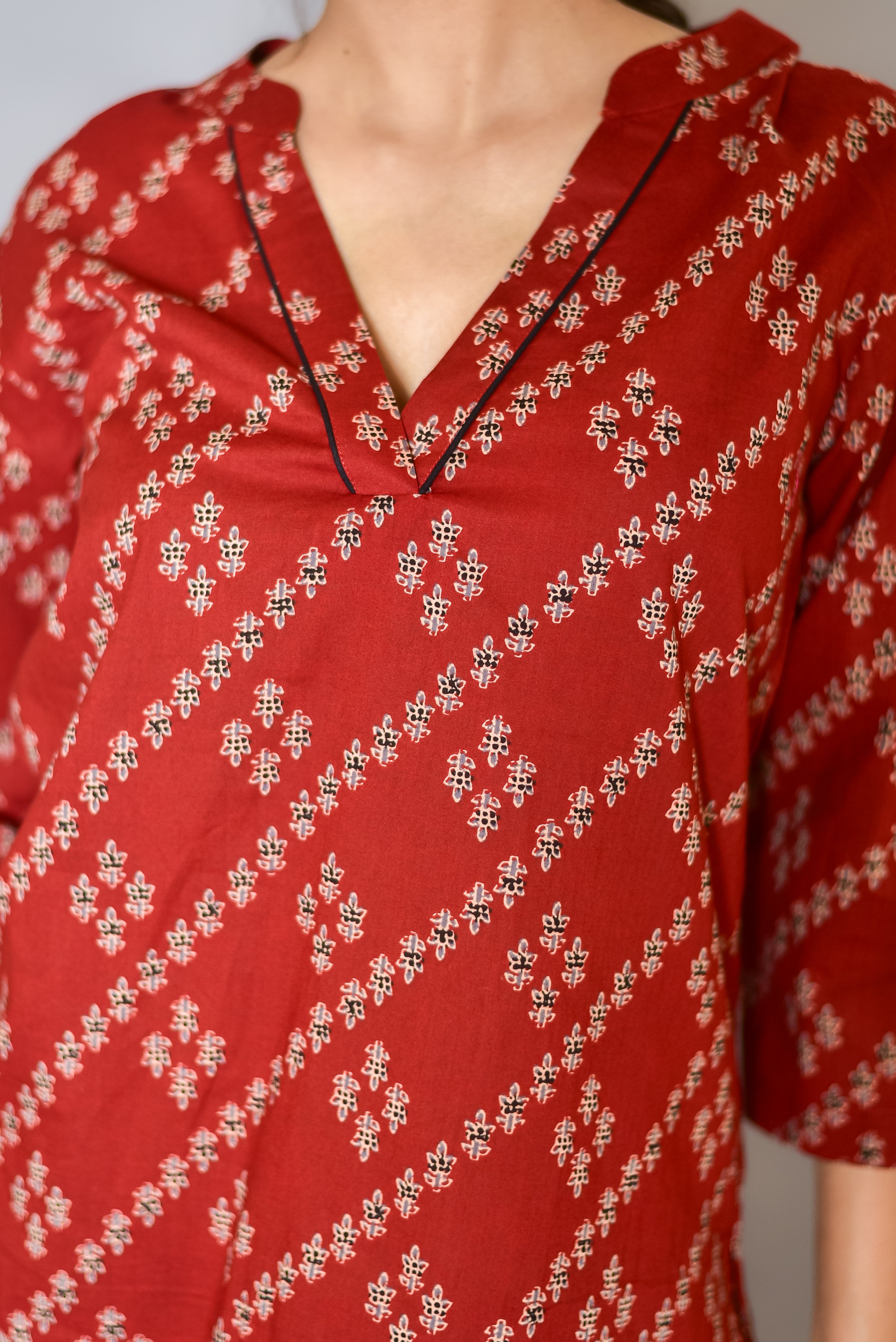 Maroon Printed High-Low Kurti