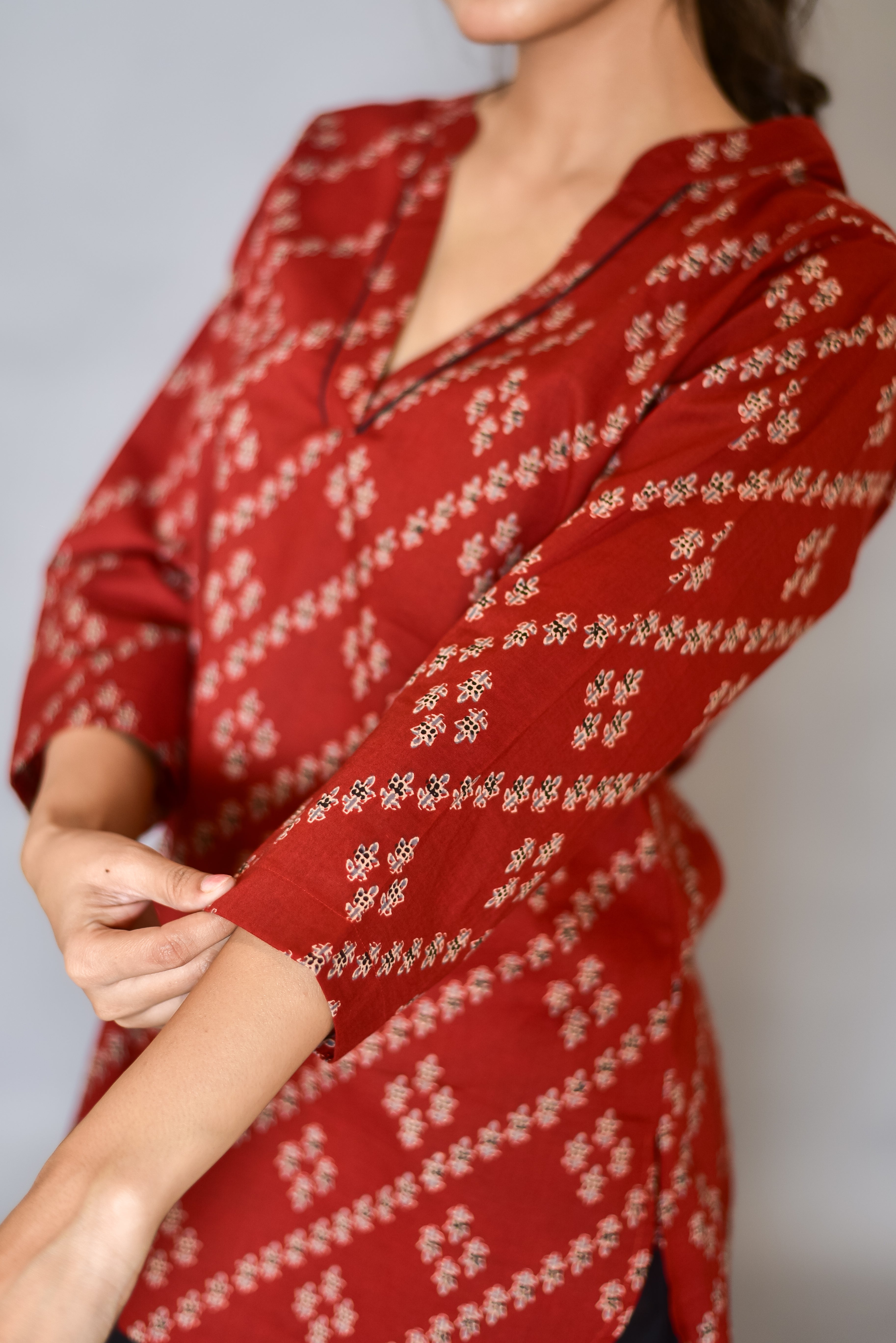 Maroon Printed High-Low Kurti