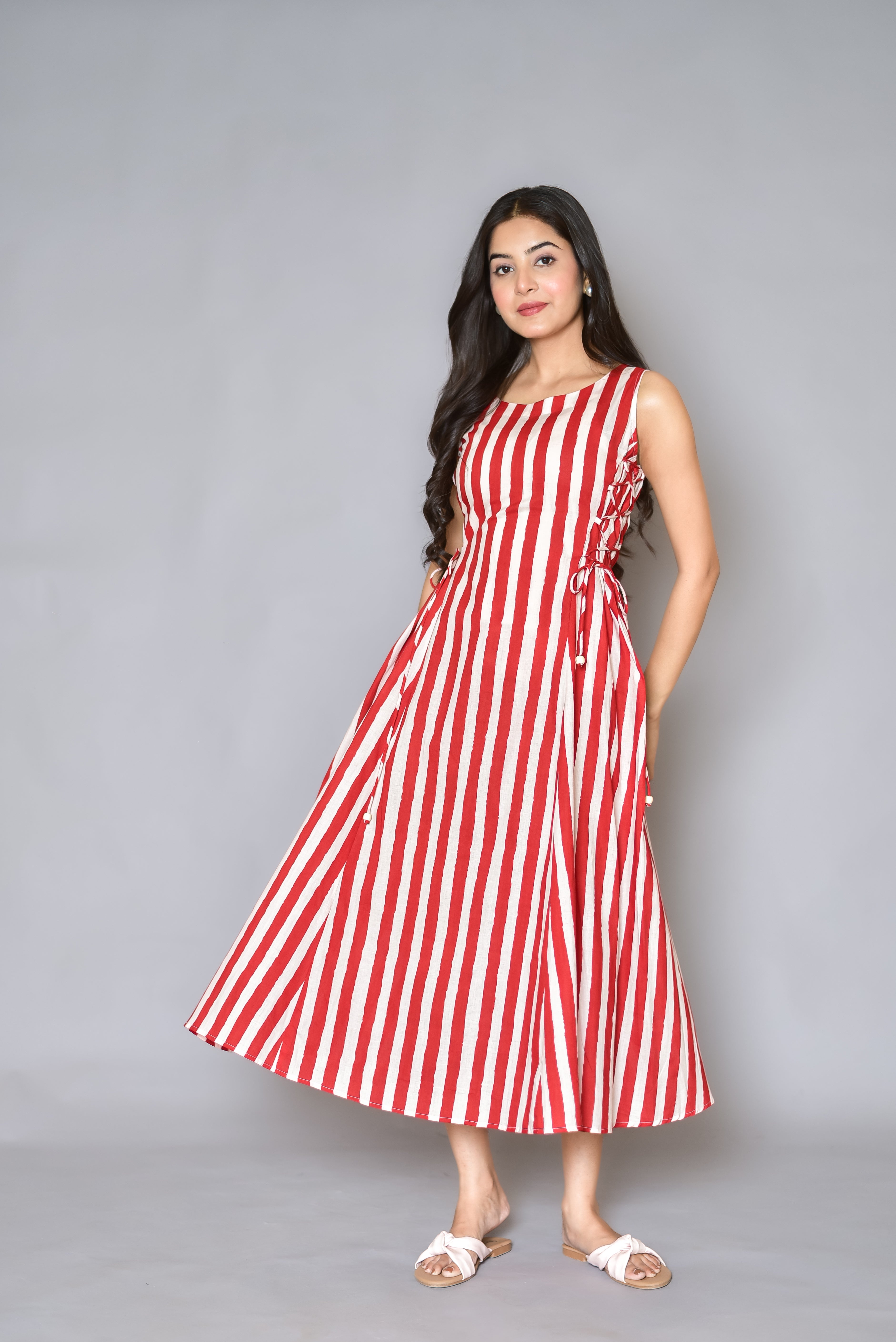 Red and White Striped Cotton Dress