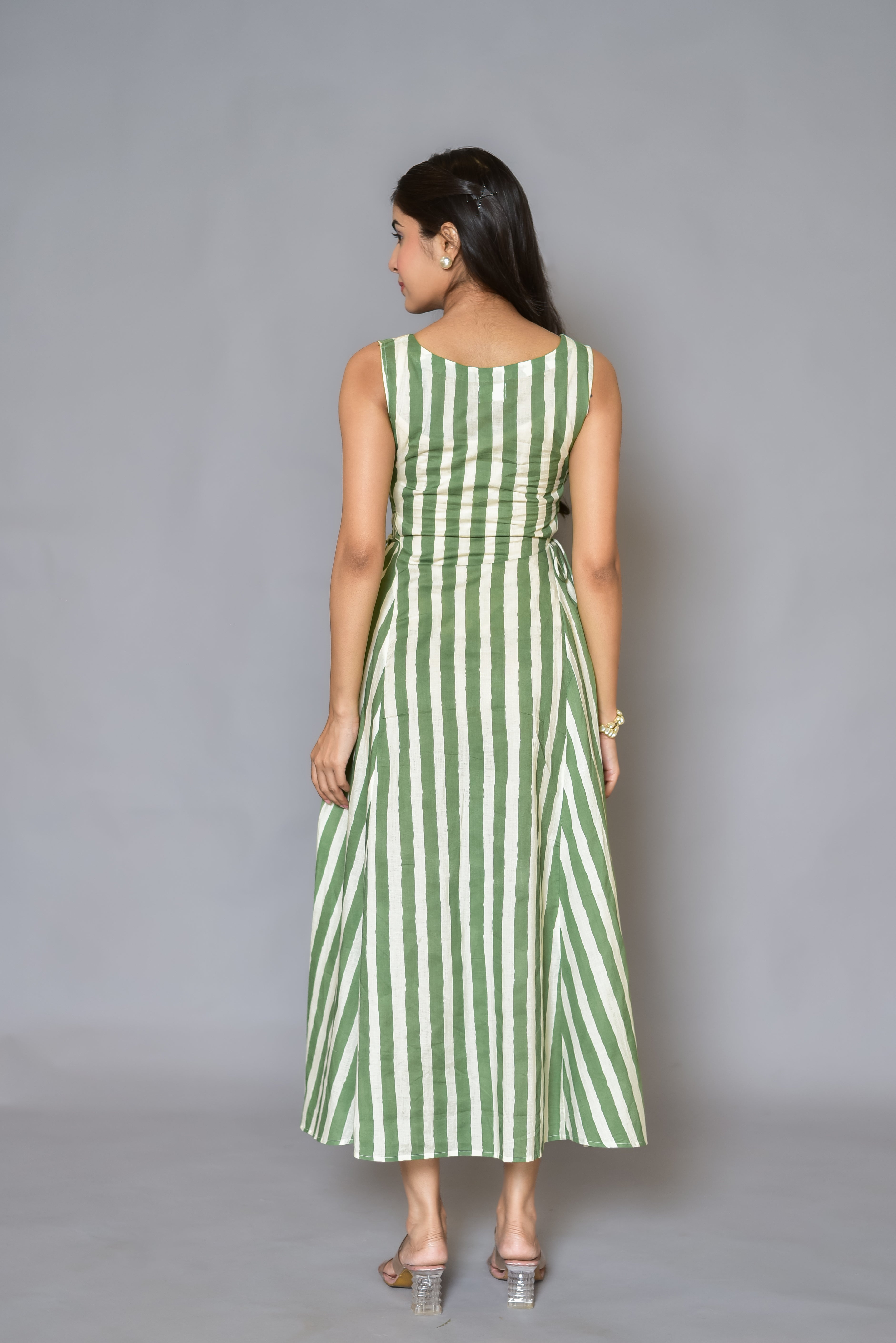 Green and White Striped Cotton Dress