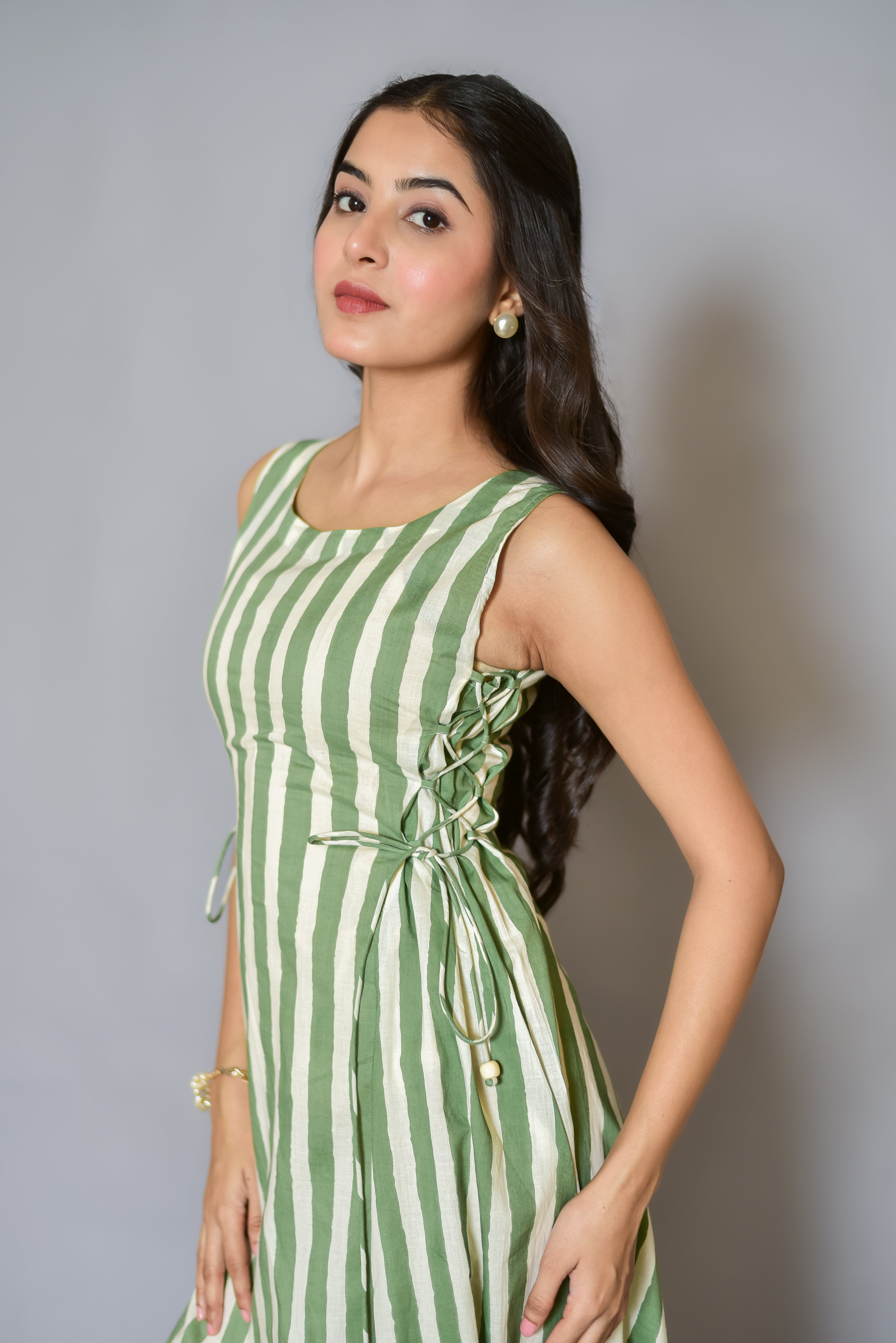 Green and White Striped Cotton Dress