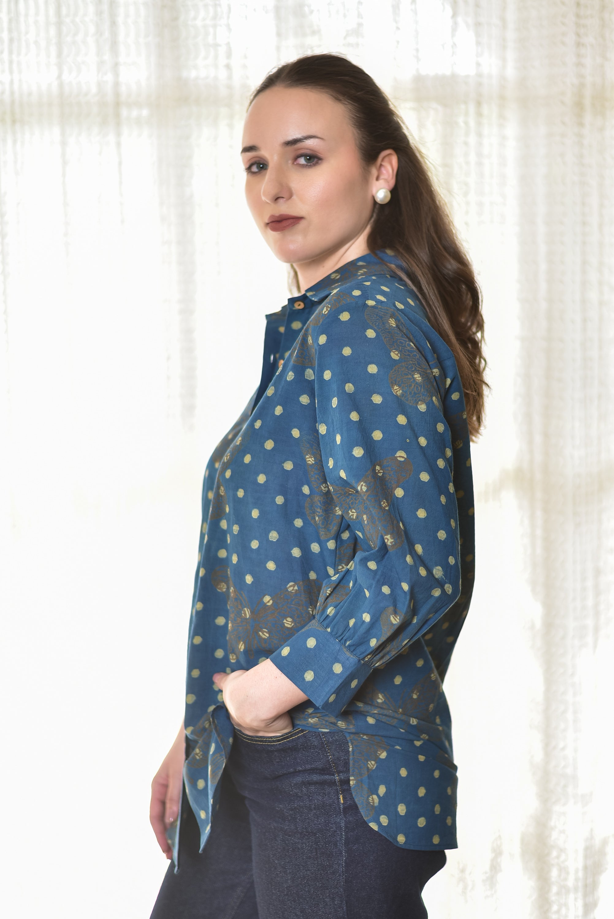 Indigo Butterfly Block-Print Shirt