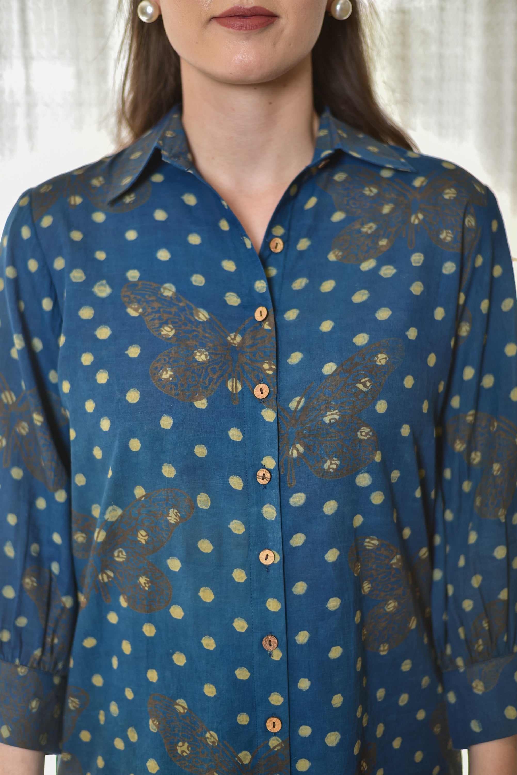 Indigo Butterfly Block-Print Shirt