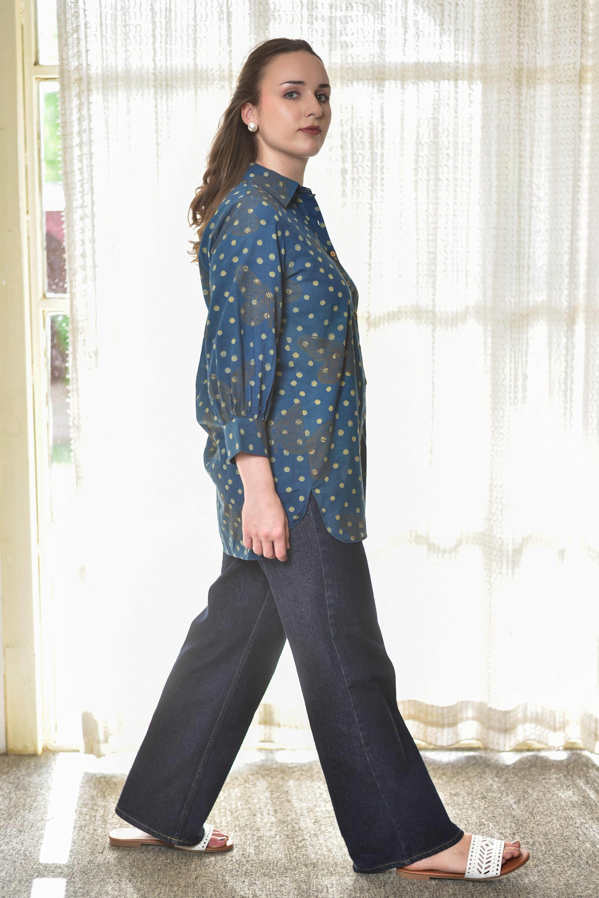 Indigo Butterfly Block-Print Shirt
