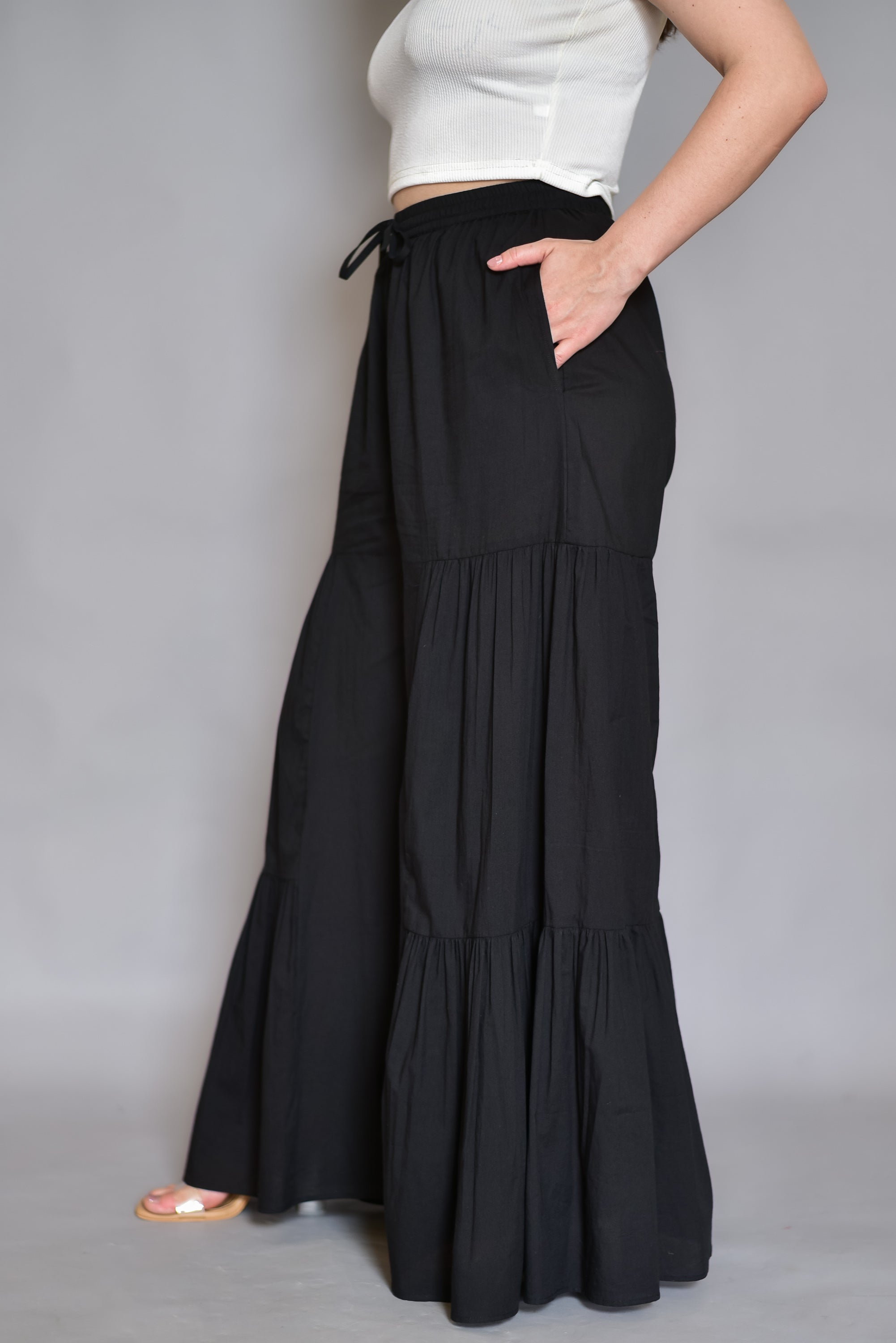 Black Tiered Cotton Palazzos