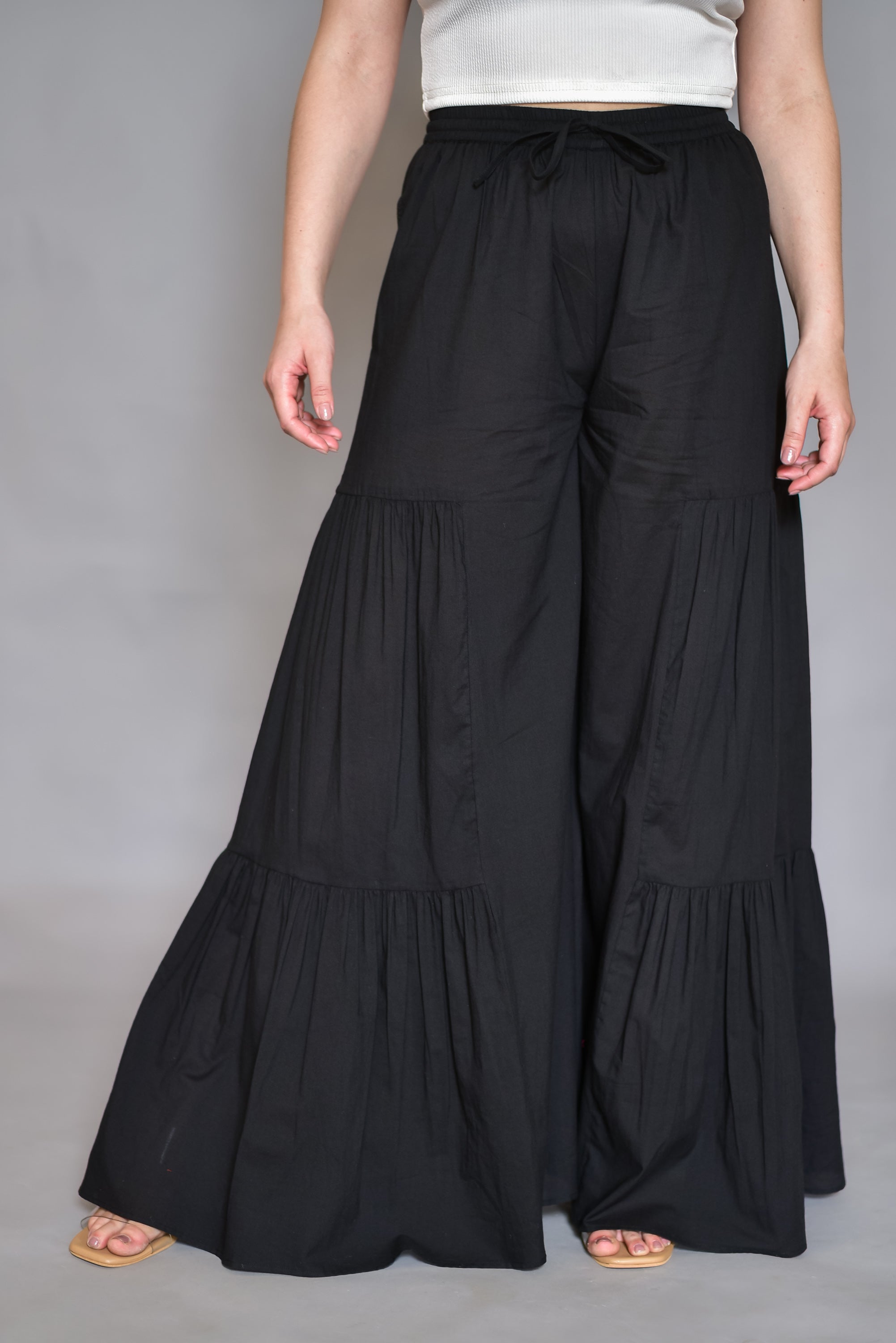 Black Tiered Cotton Palazzos