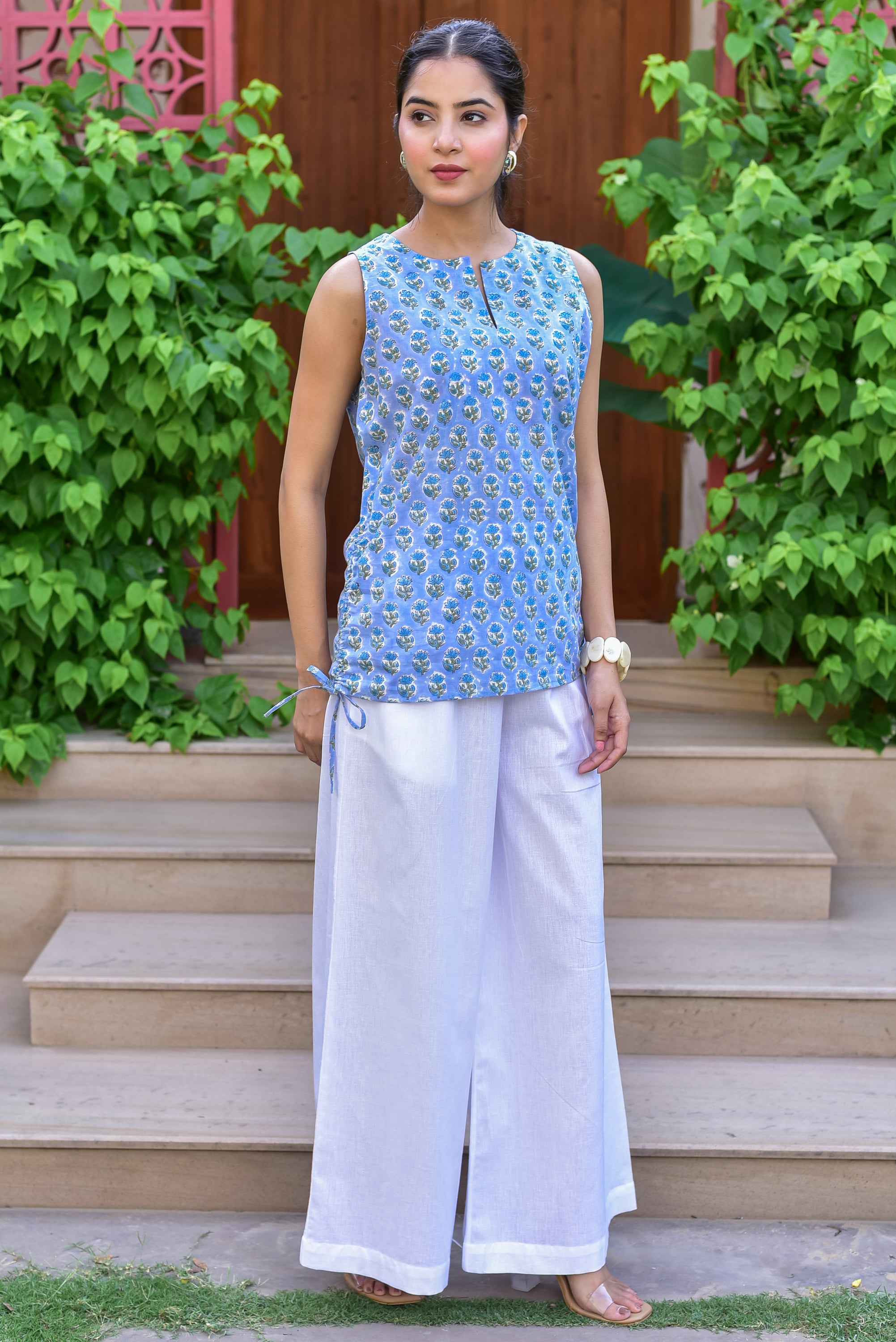 The Blue Floral Block-Print & White Palazzo Set