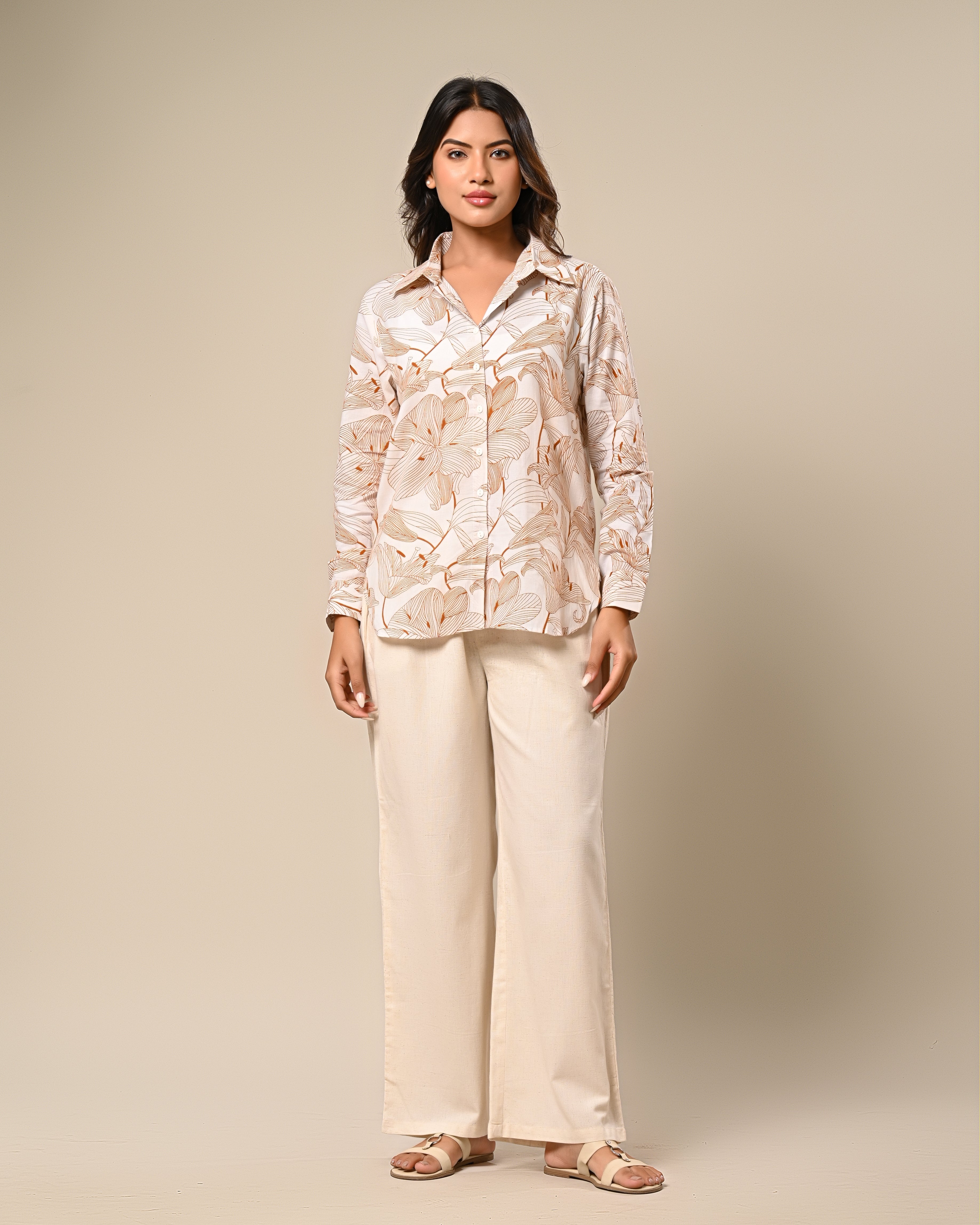 Beige Floral Printed Shirt with Wide-Leg Pants Set