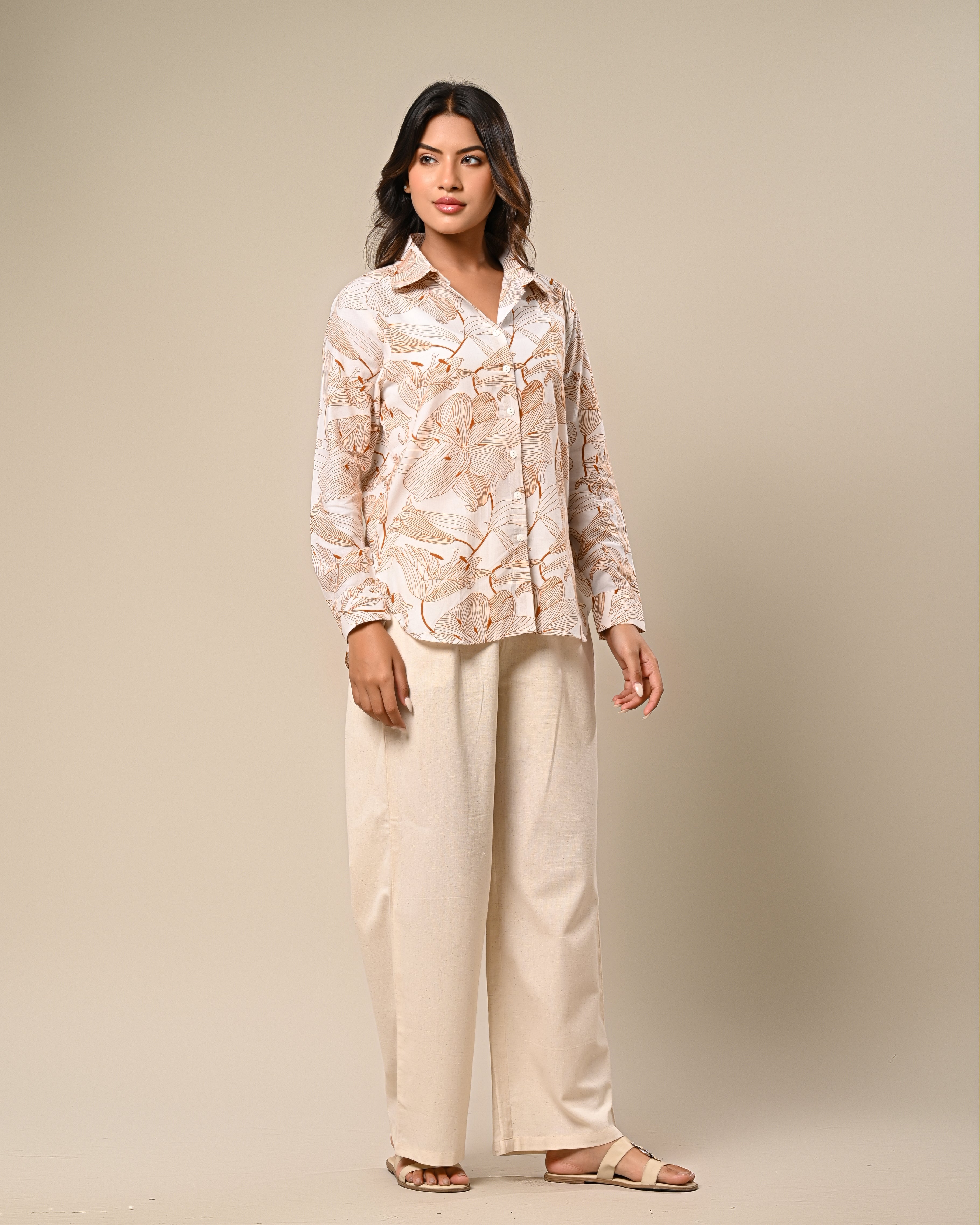 Beige Floral Printed Shirt with Wide-Leg Pants Set