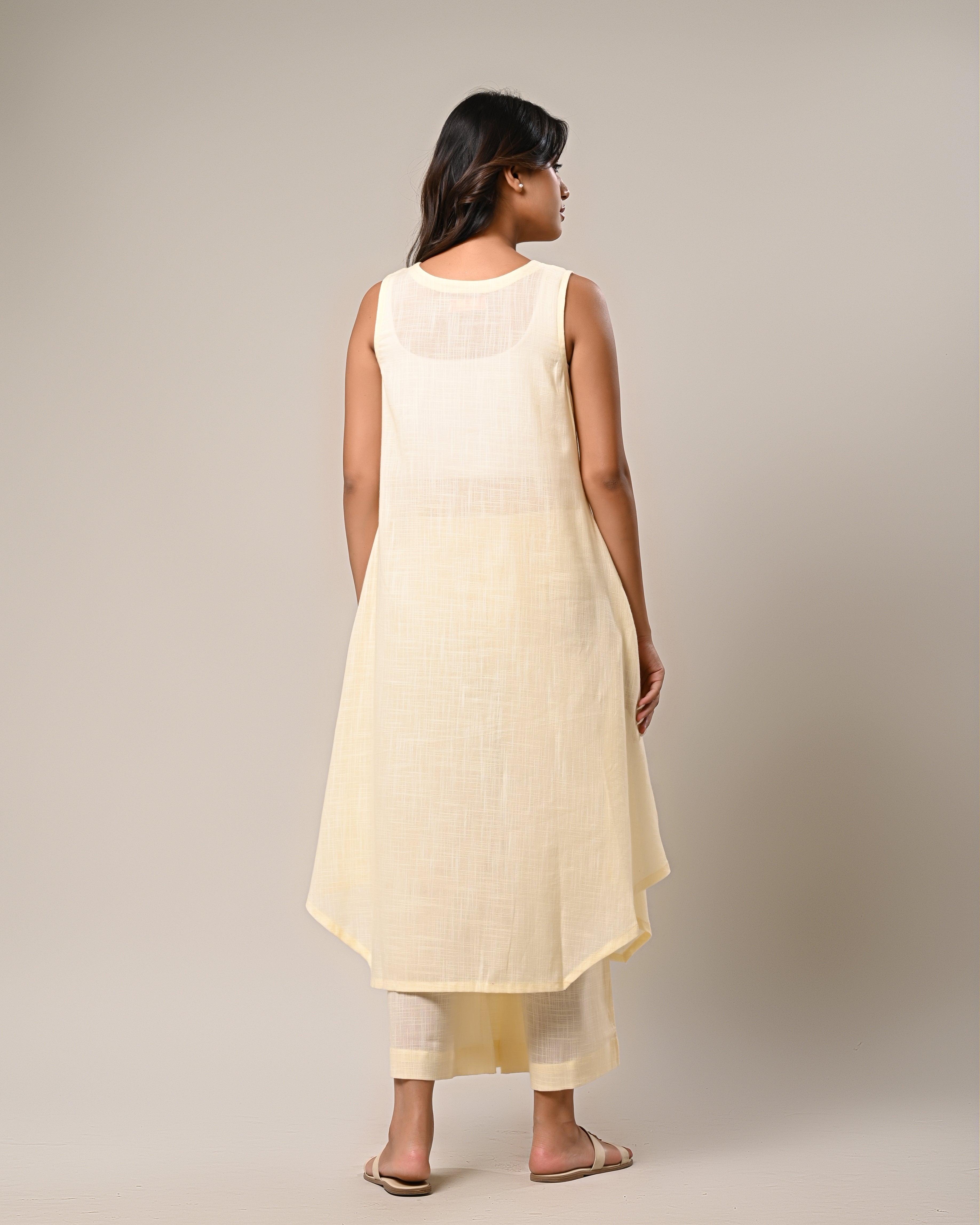 Light Yellow Sleeveless Kurta with Wide-Leg Pants Set