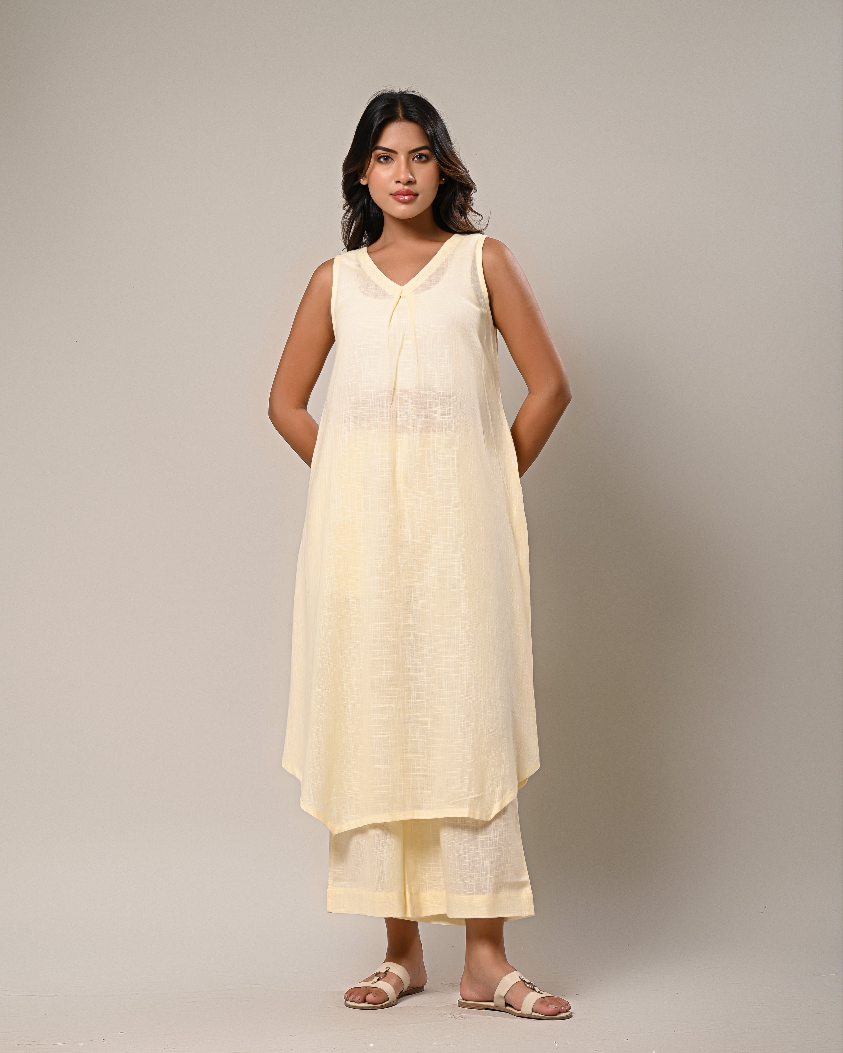 Light Yellow Sleeveless Kurta with Wide-Leg Pants Set