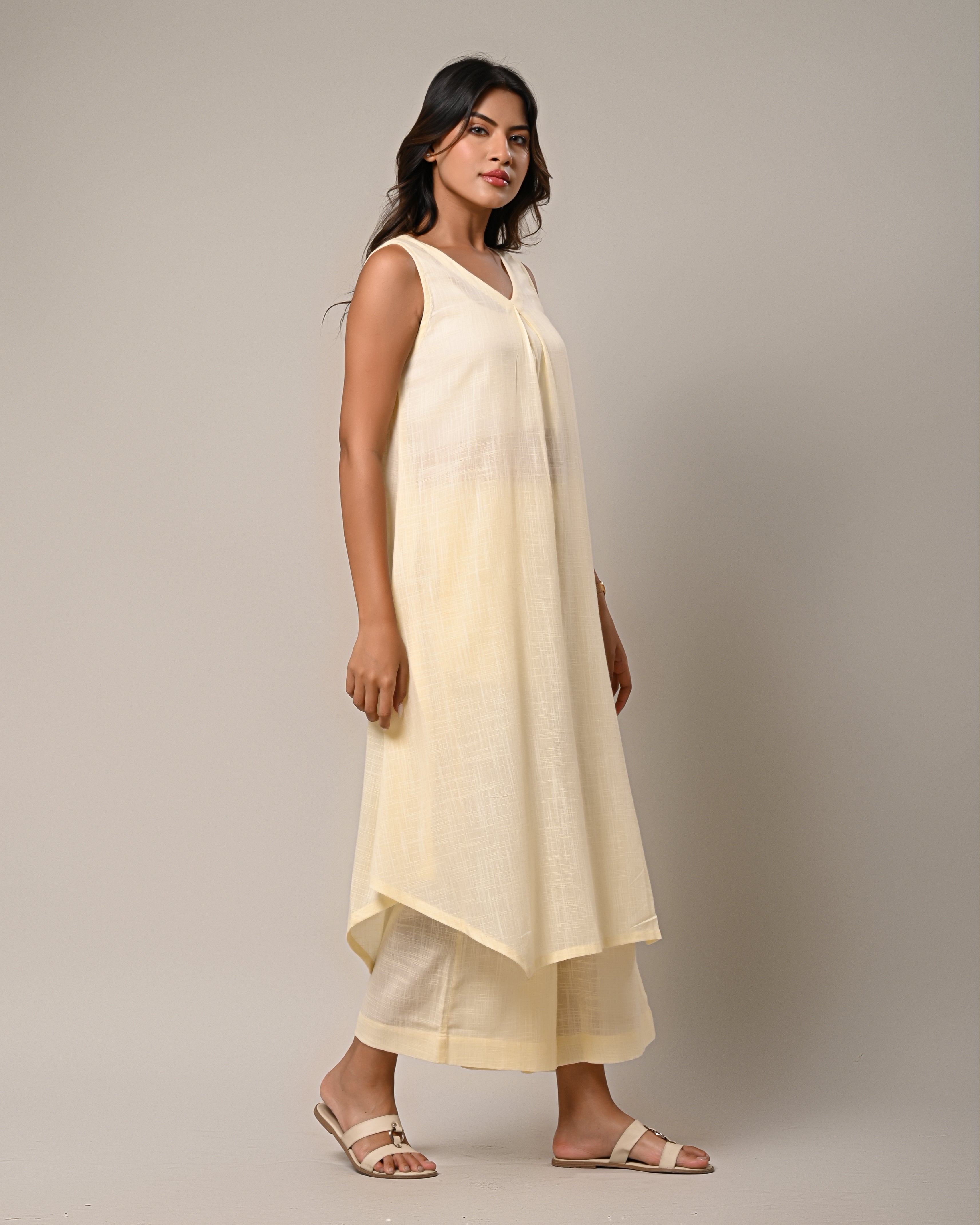 Light Yellow Sleeveless Kurta with Wide-Leg Pants Set