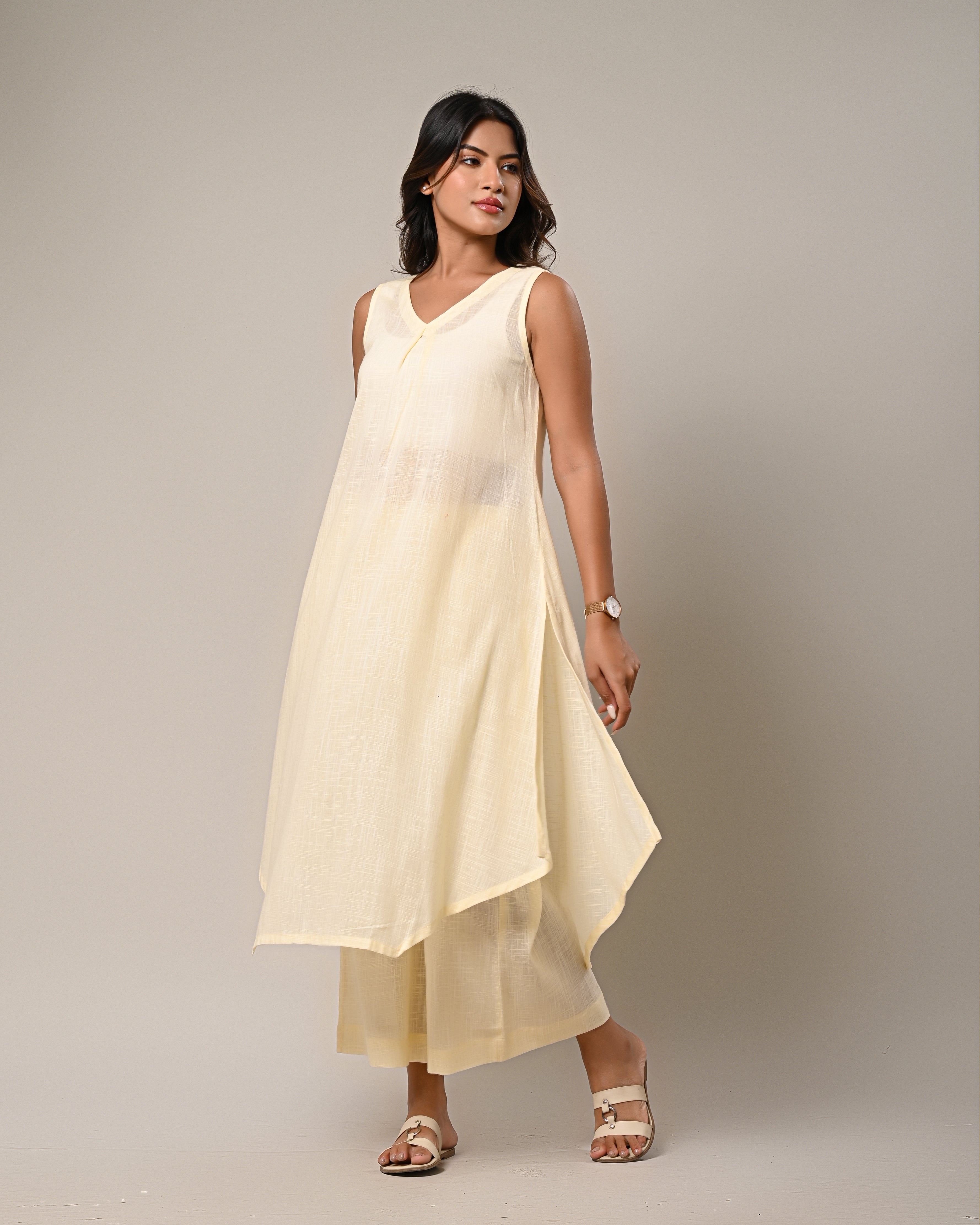 Light Yellow Sleeveless Kurta with Wide-Leg Pants Set