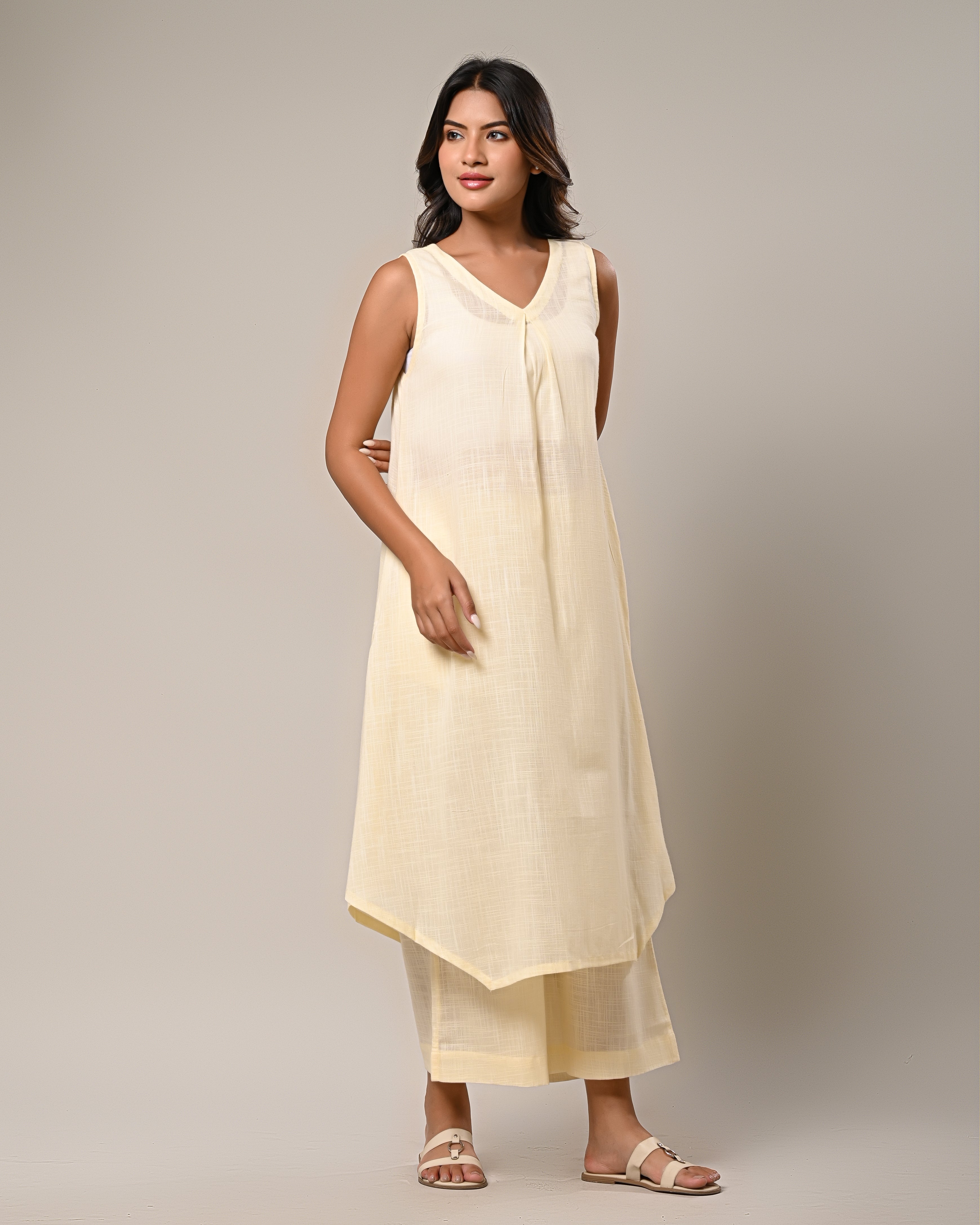 Light Yellow Sleeveless Kurta with Wide-Leg Pants Set