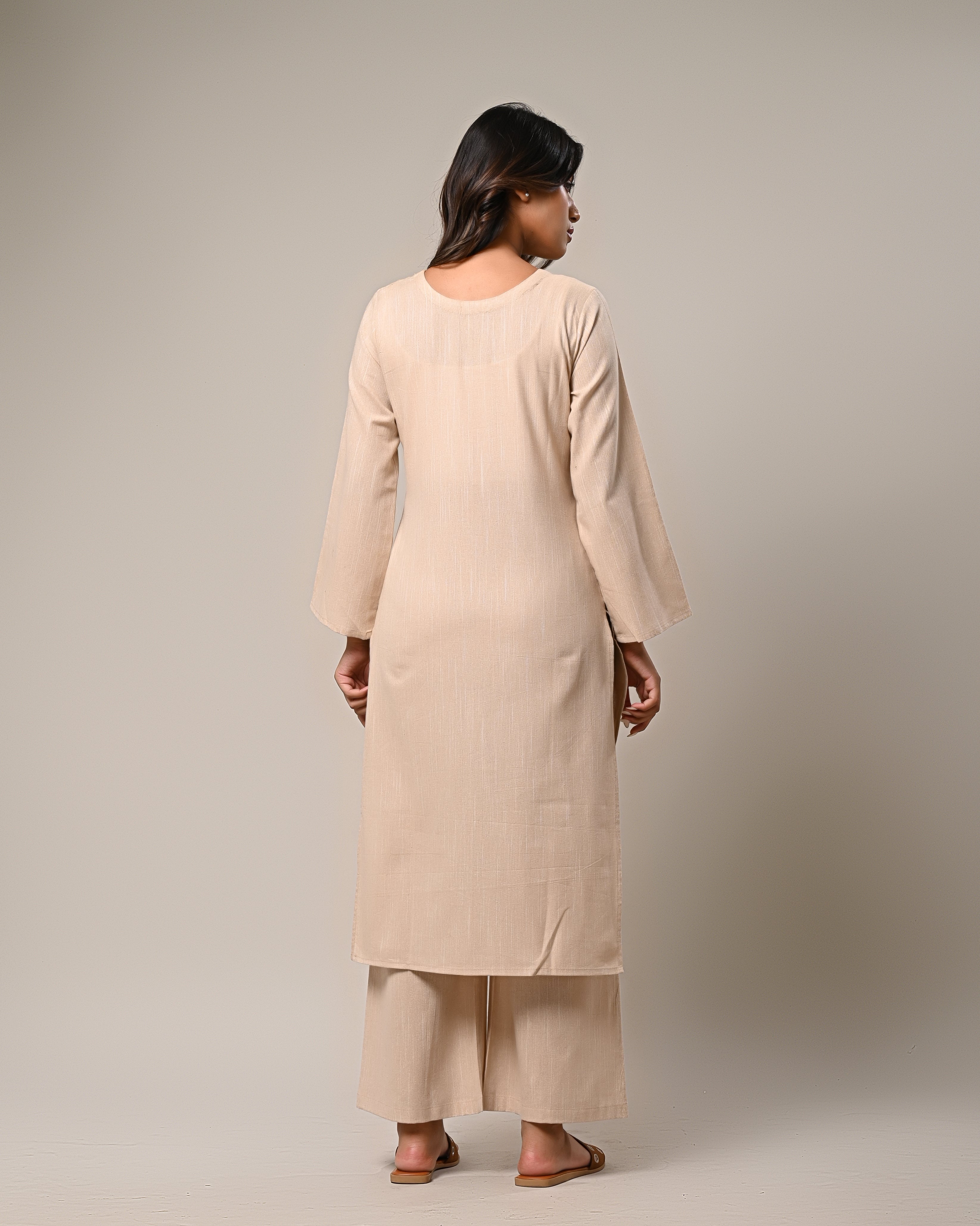 Beige V-neck Kurta with Wide-Legged Palazzos