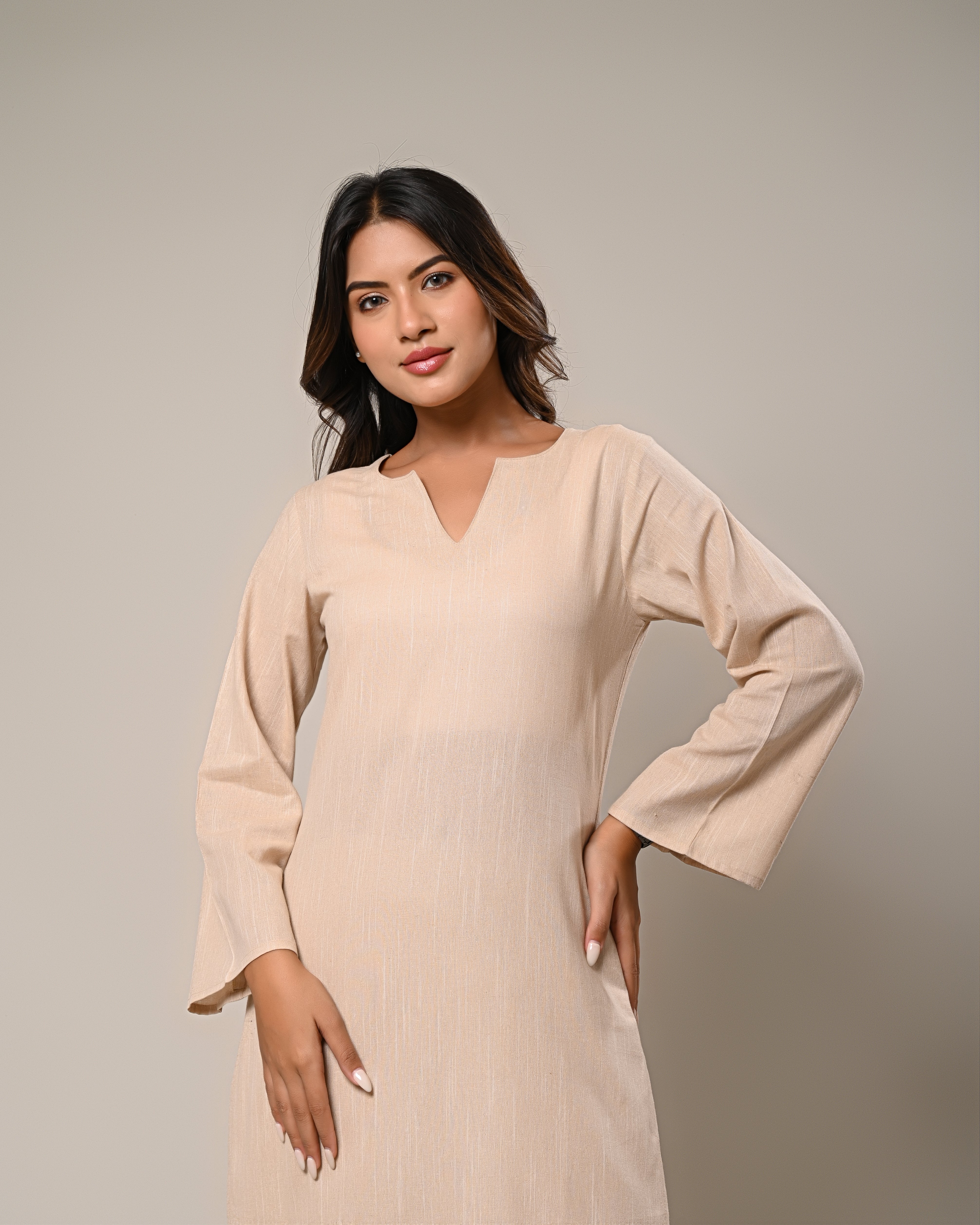 Beige V-neck Kurta with Wide-Legged Palazzos