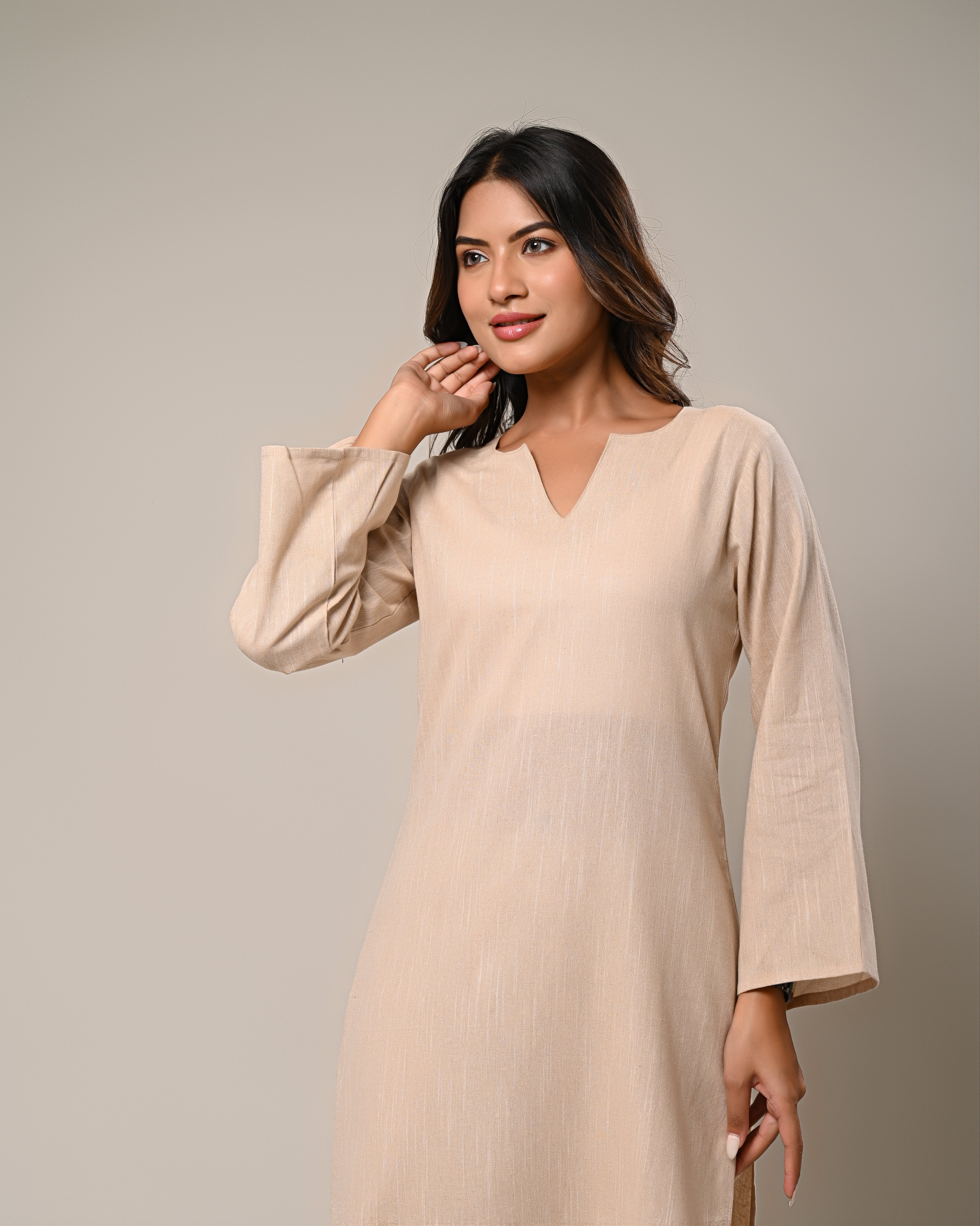 Beige V-neck Kurta with Wide-Legged Palazzos