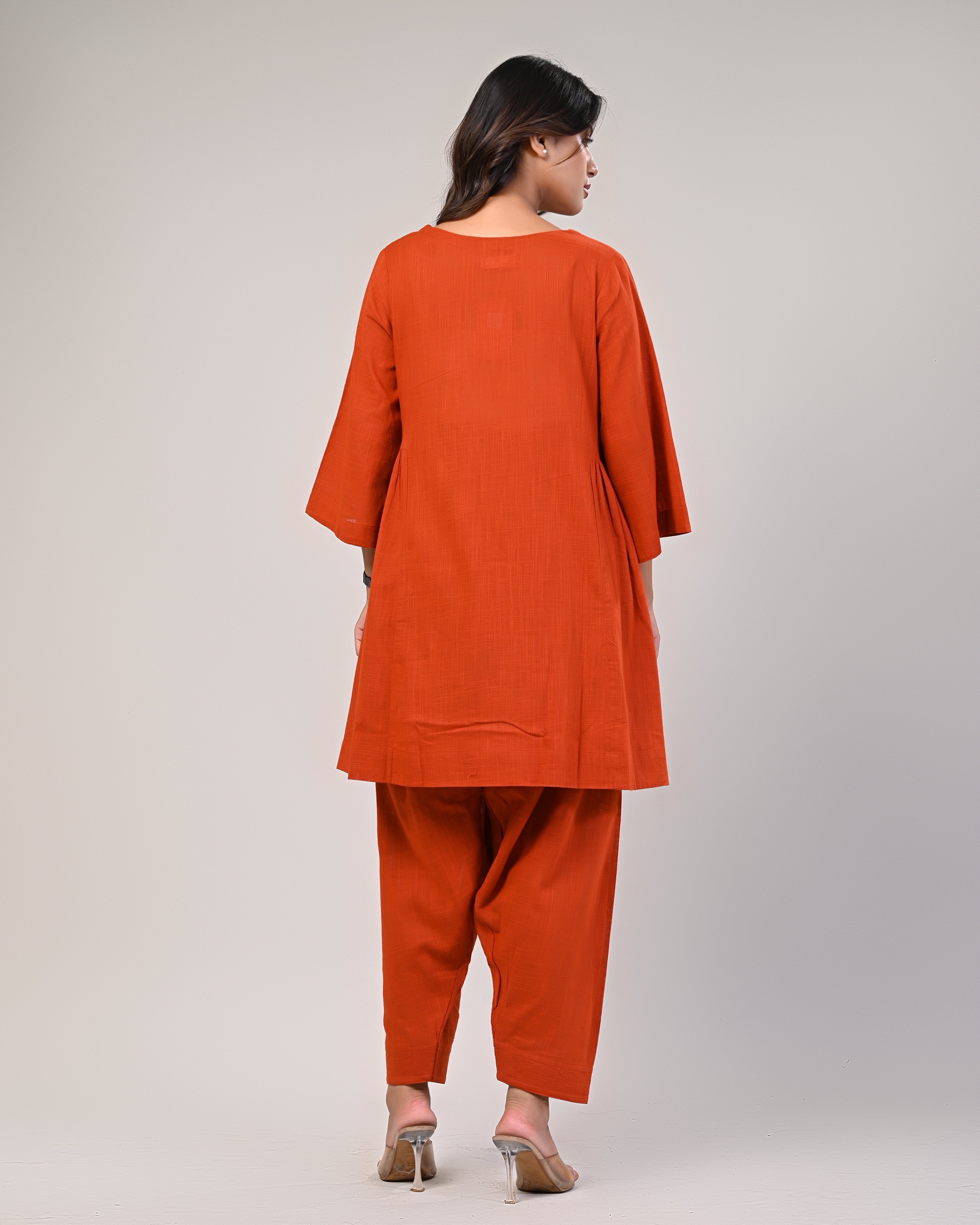 Orange V-neck Pleated Kurta With Afghani Pants